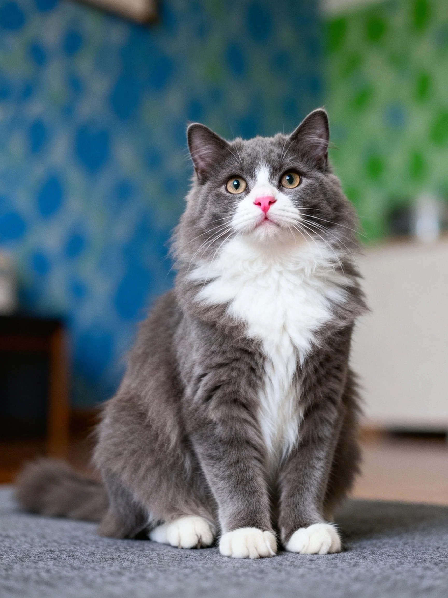 Fluffy gray and white cat sitting on indoor carpet