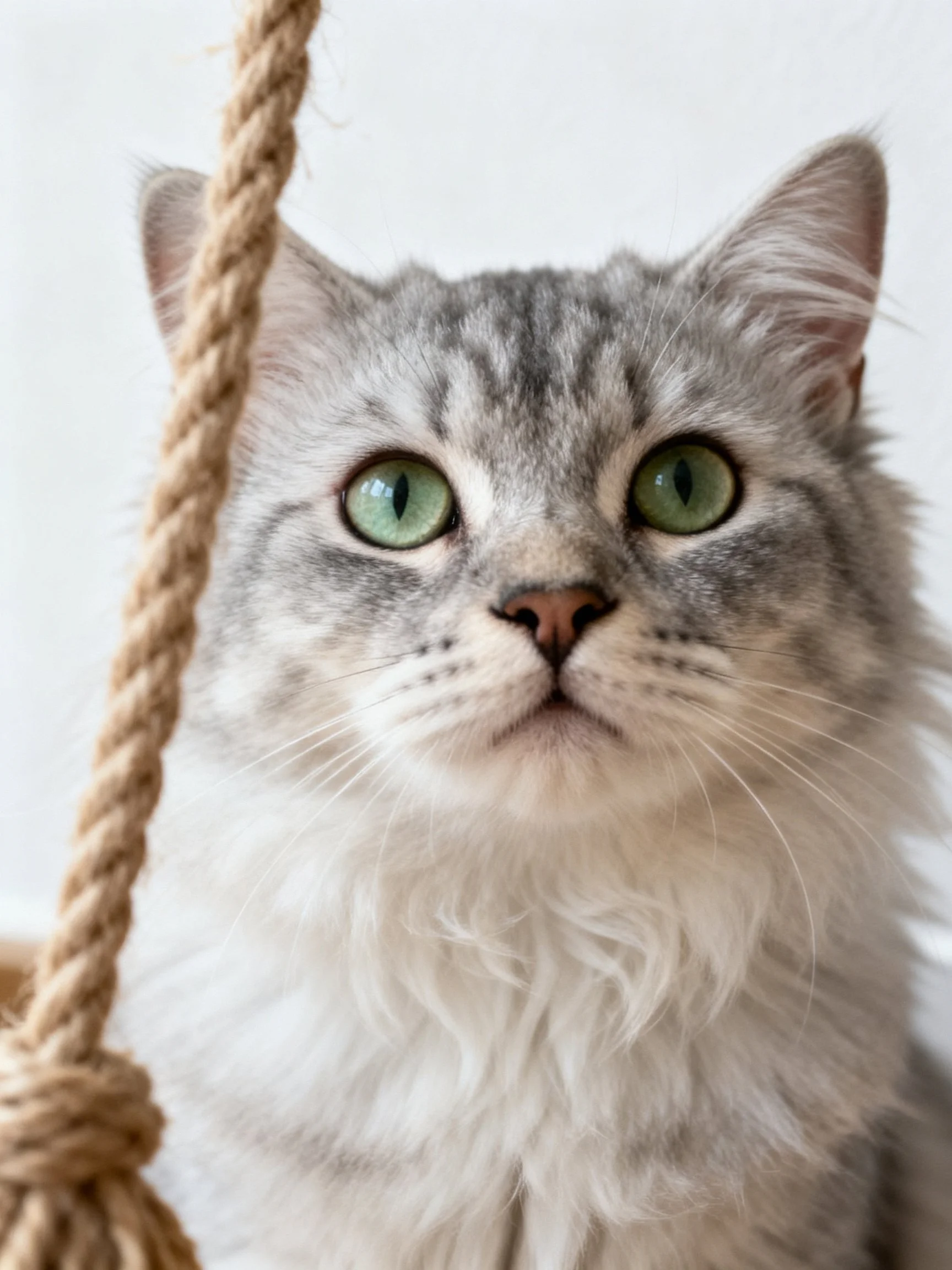 A fluffy gray and white cat with green eyes sits near a thick rope.