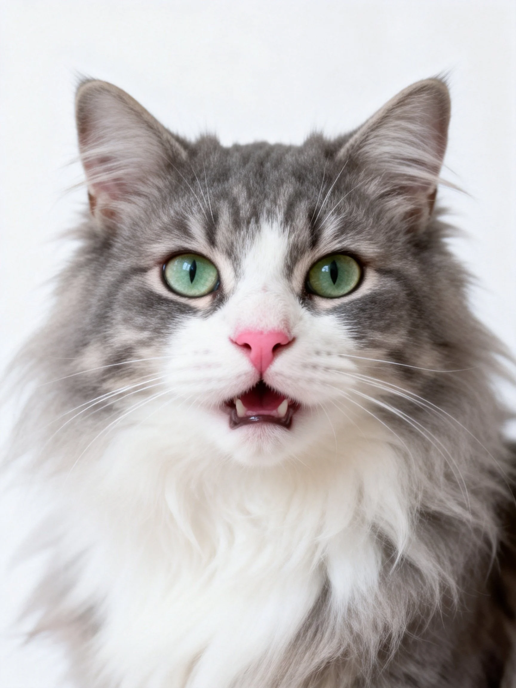 A fluffy gray and white cat shows a surprised expression.
