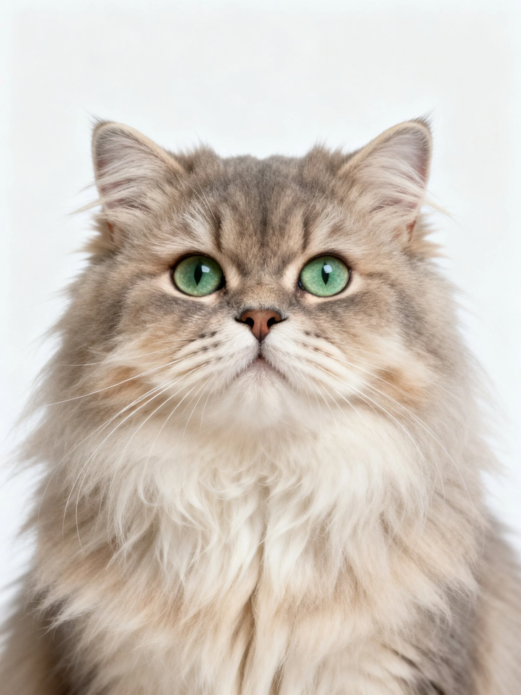 A fluffy gray and white cat looks directly at the viewer.