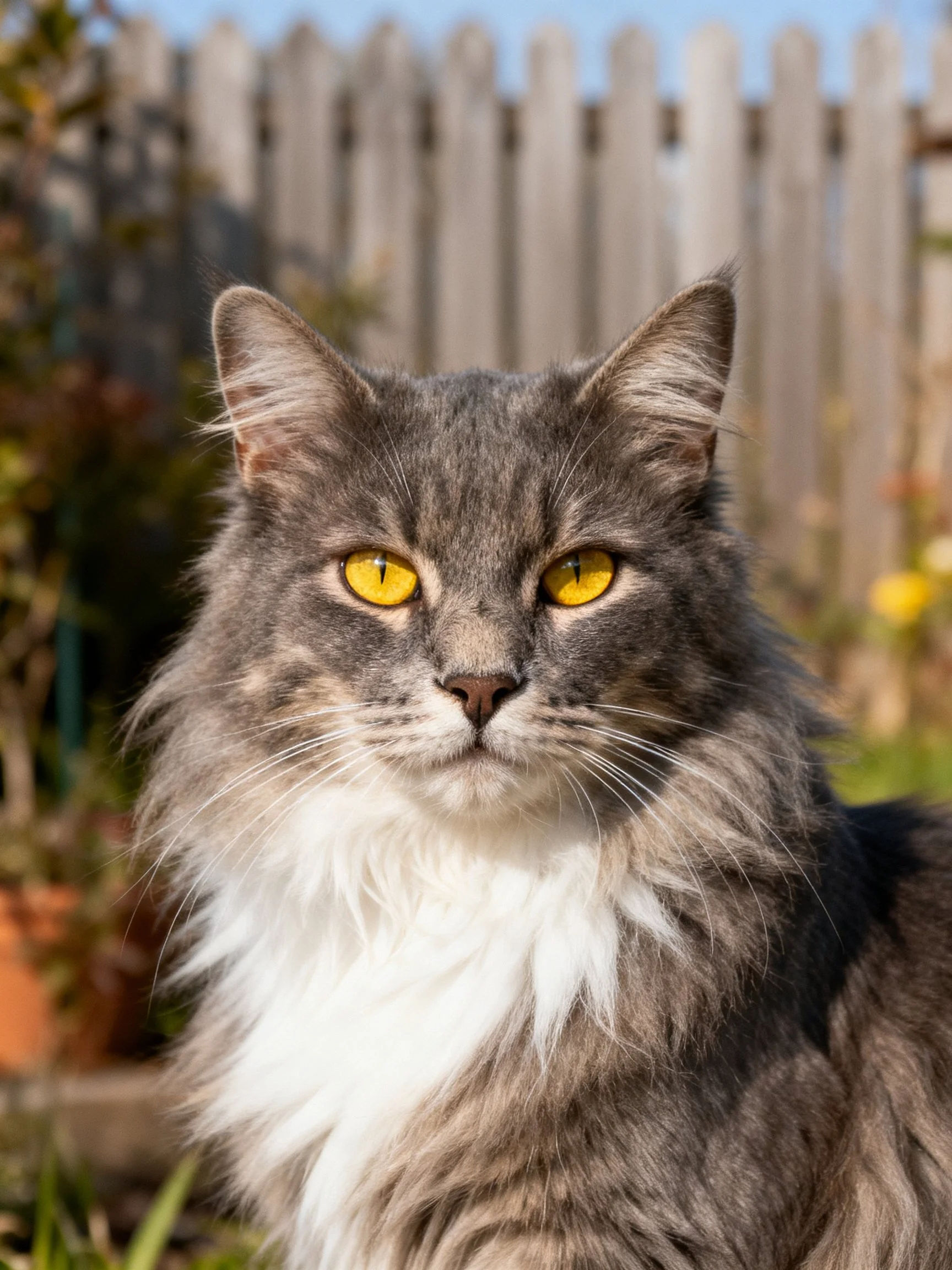 A fluffy gray and white cat with bright yellow eyes sits near a wooden fence.