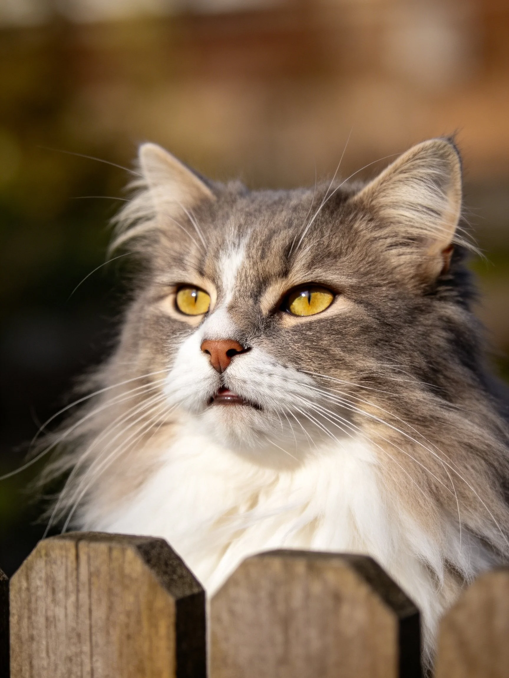 A fluffy gray-and-white cat with bright yellow eyes sits near a wooden fence.