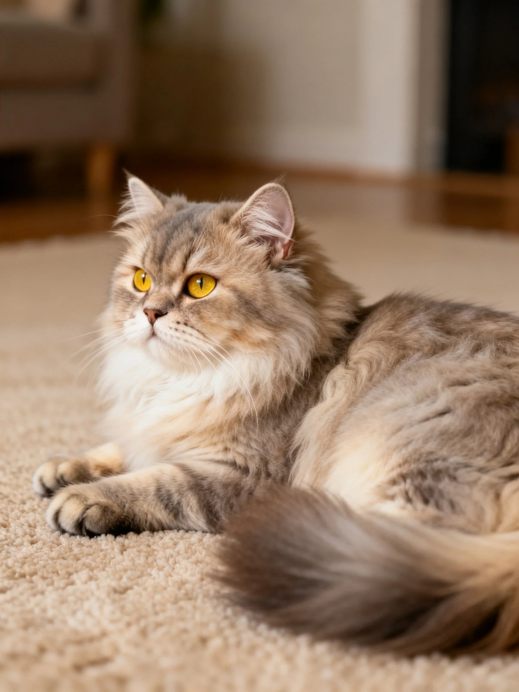 A fluffy cat with striking yellow eyes lies comfortably on a soft carpet.