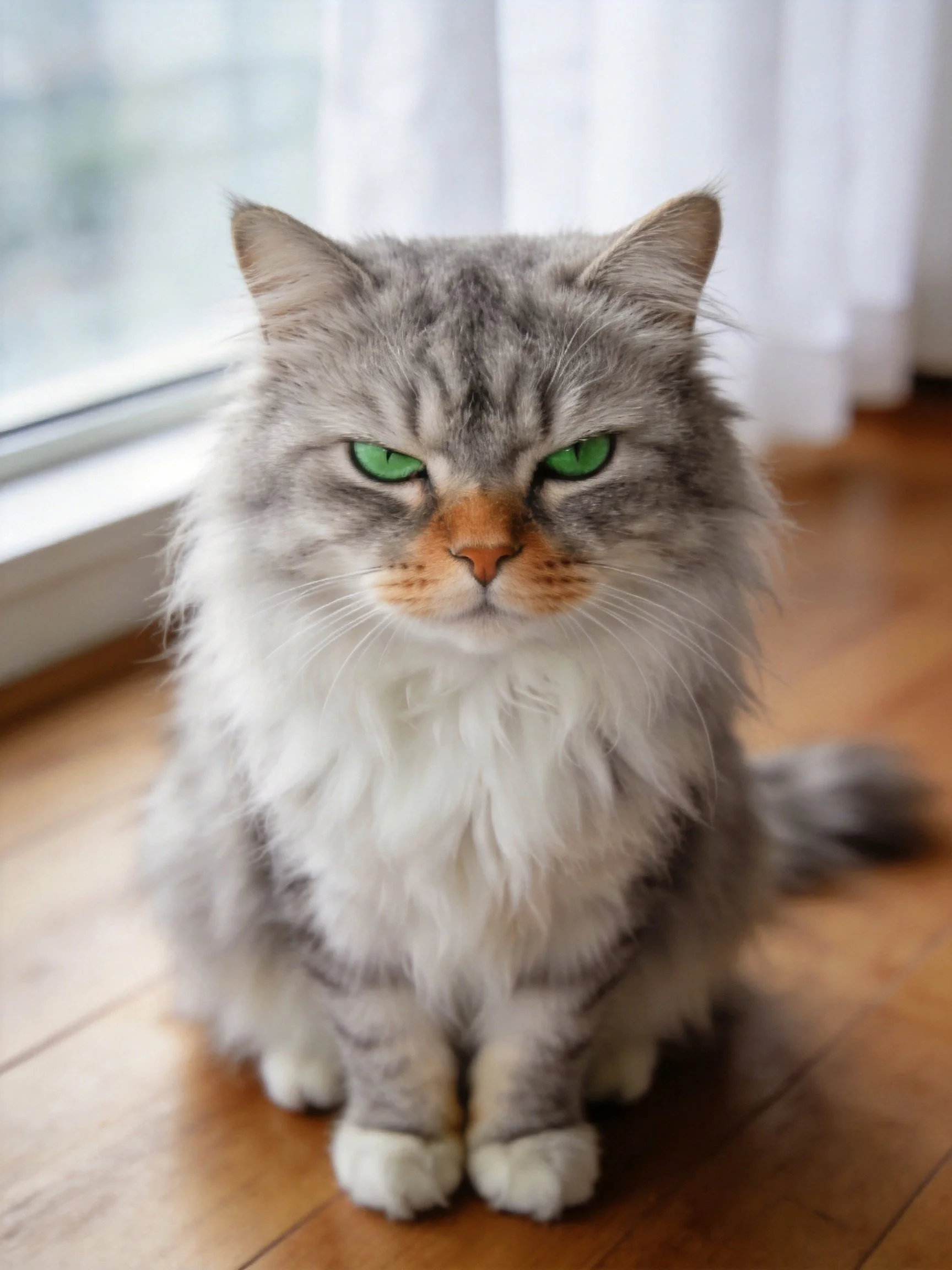 Fluffy gray-and-white cat with green eyes sits calmly on a wooden floor near a window.