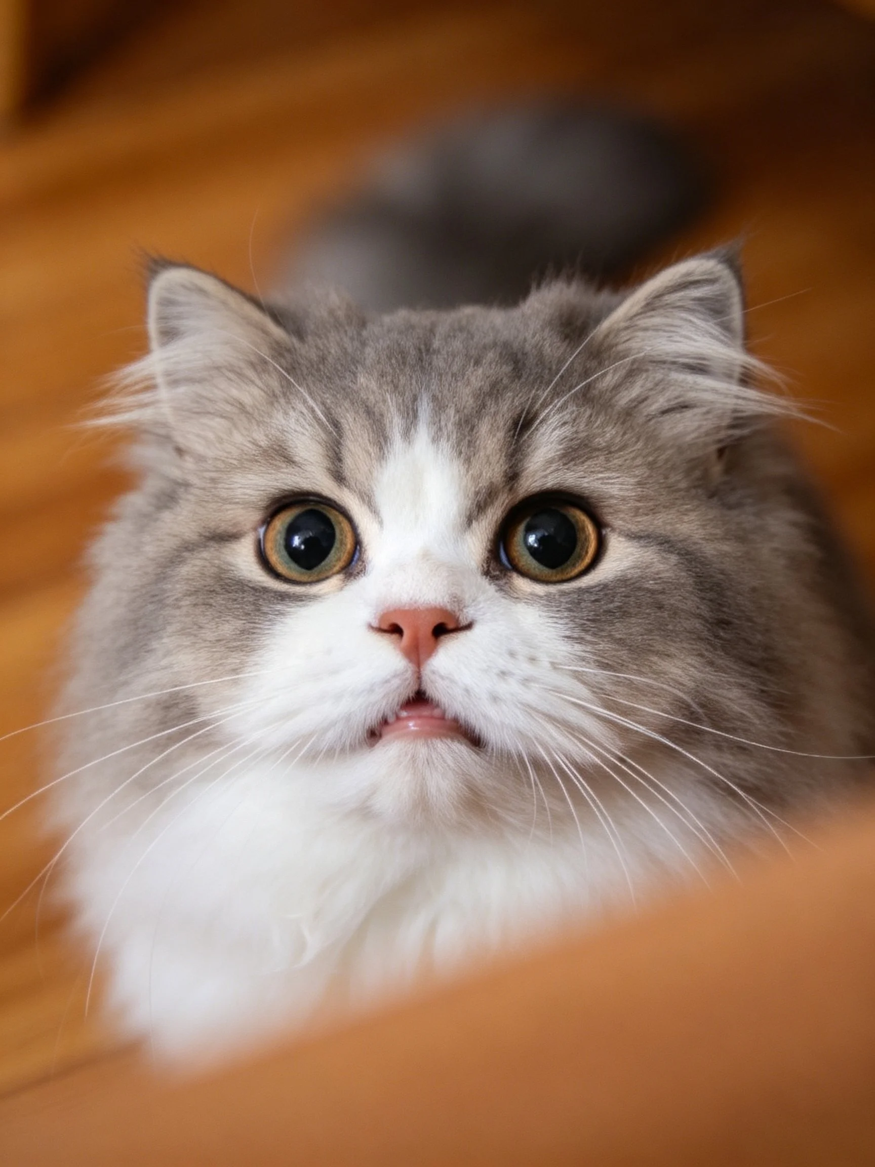 A fluffy gray and white cat gazes curiously at the viewer from a wooden surface.