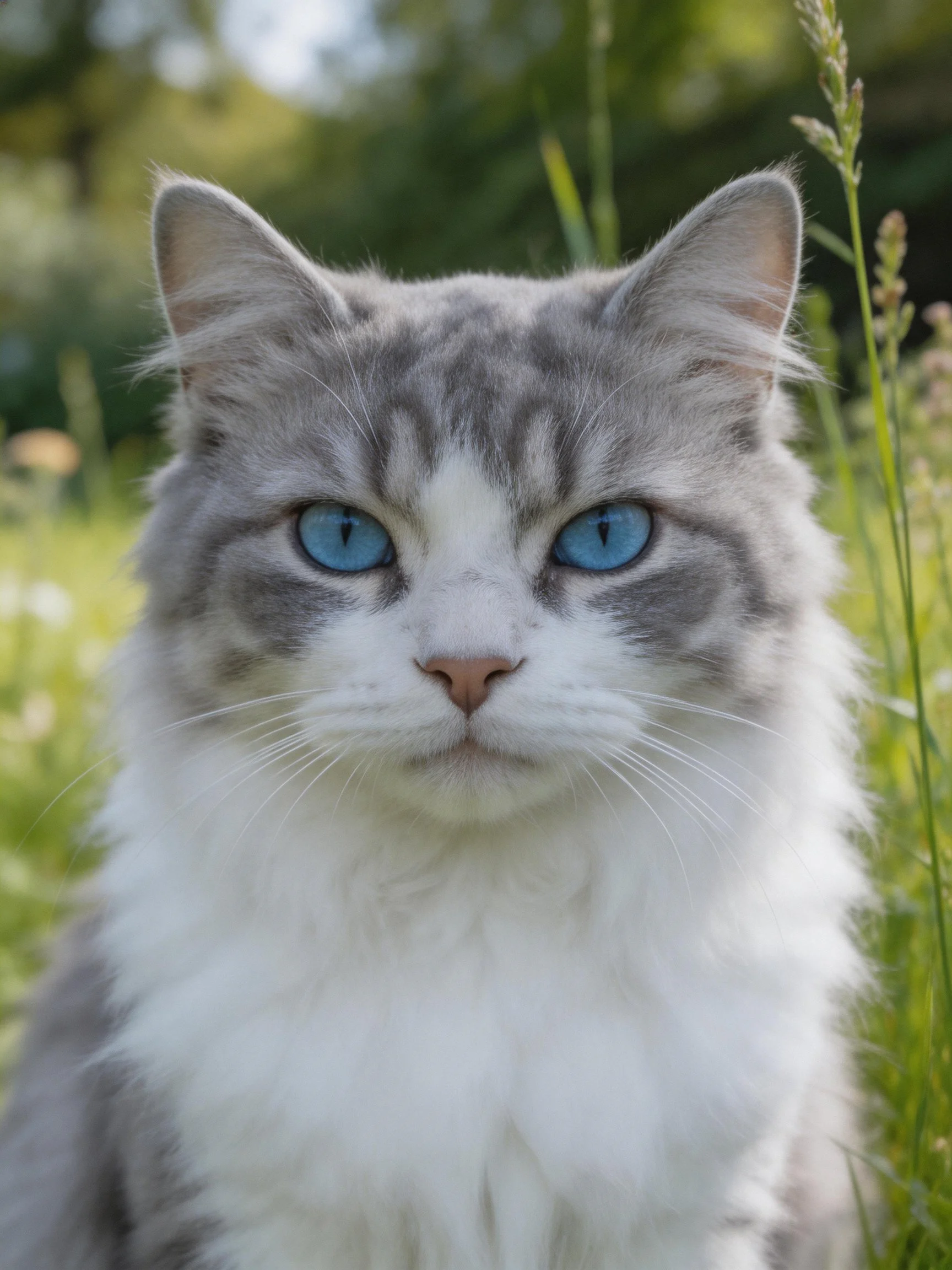 A fluffy gray-and-white cat with blue eyes rests peacefully amid lush greenery.