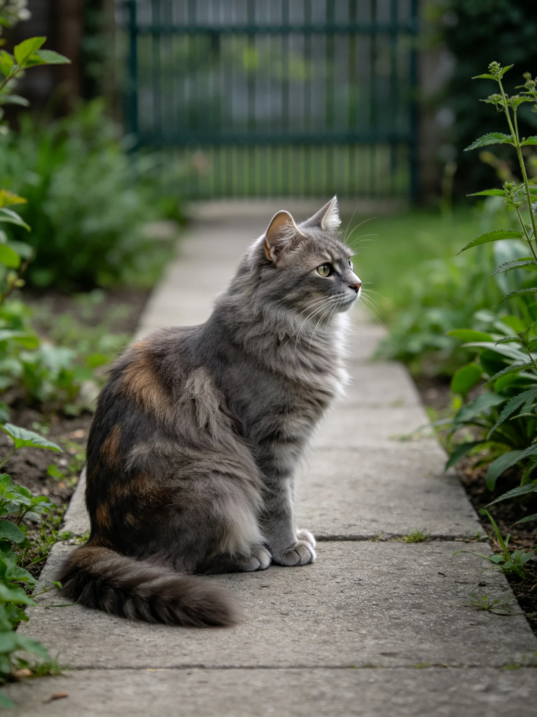 Fluffy gray-brown cat on stone pathway in lush garden