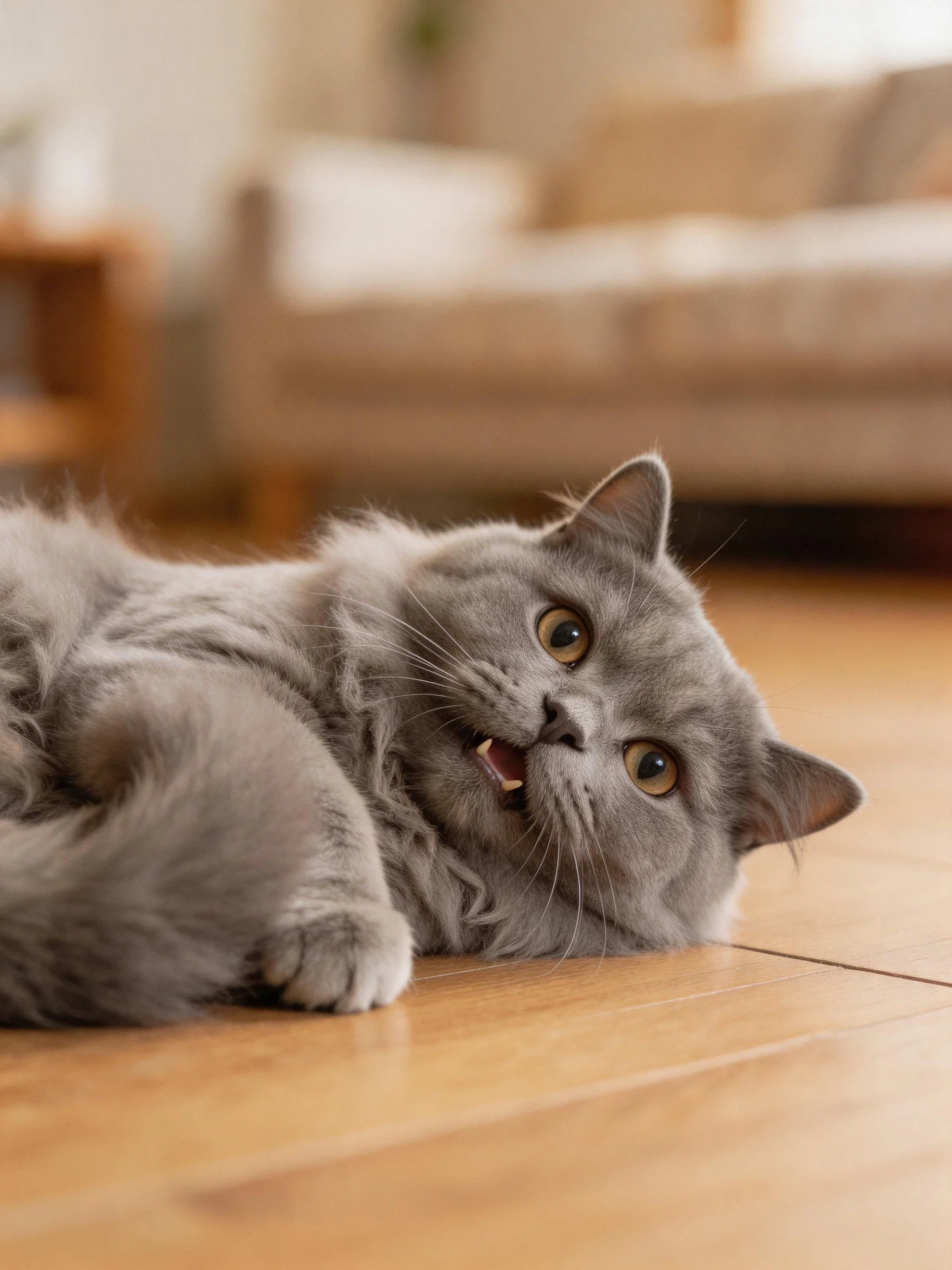 Fluffy gray cat lounging on a wooden floor in a cozy home