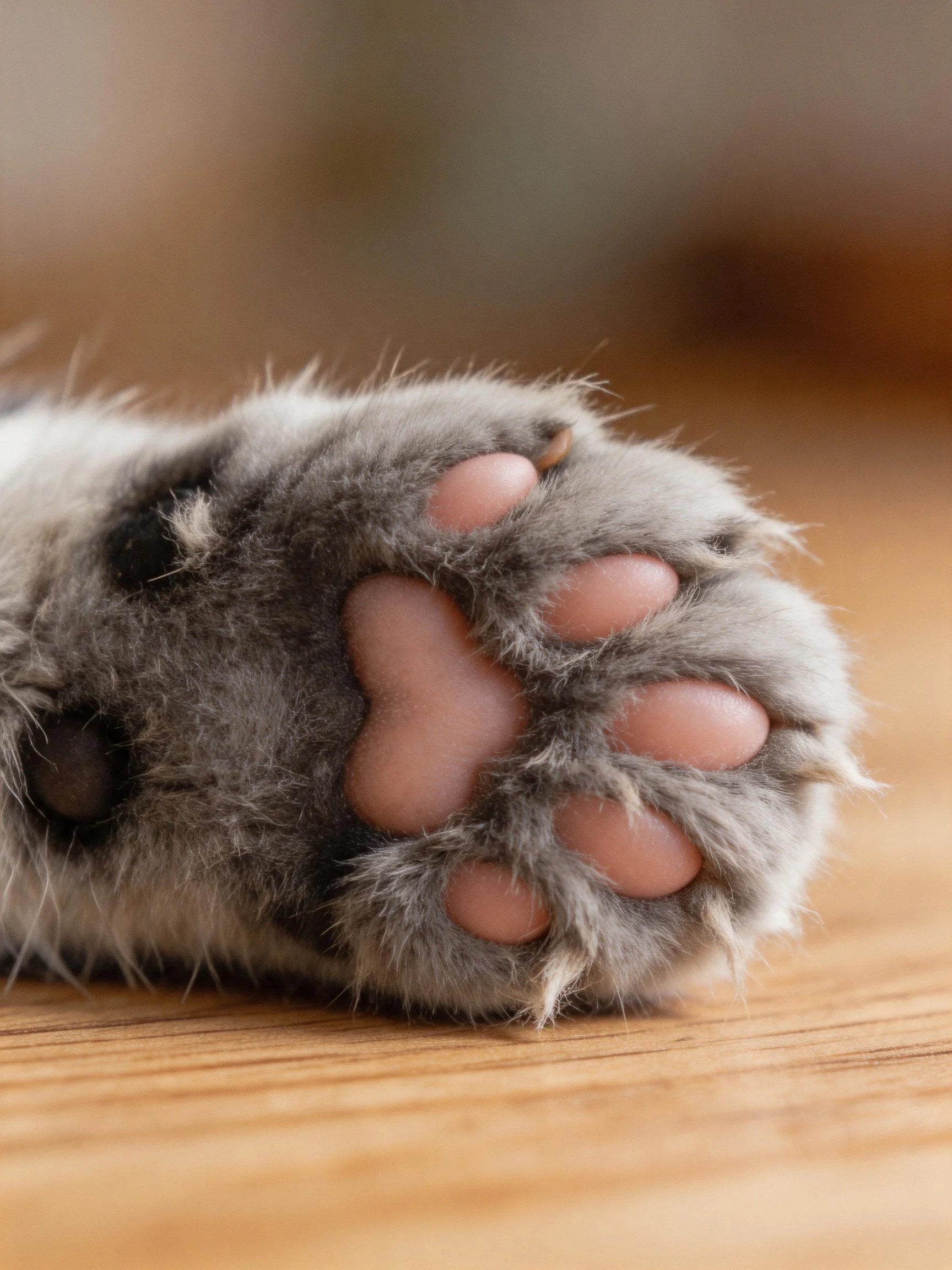 Fluffy gray cat paw with pink pads on wooden surface