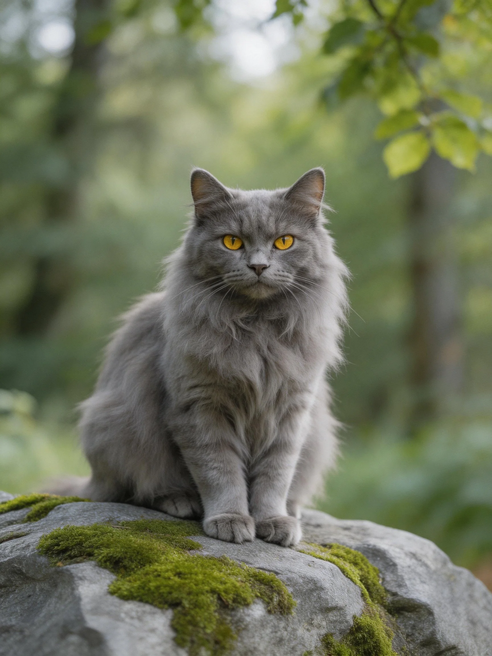 Fluffy gray cat sits atop moss-covered stone in forest