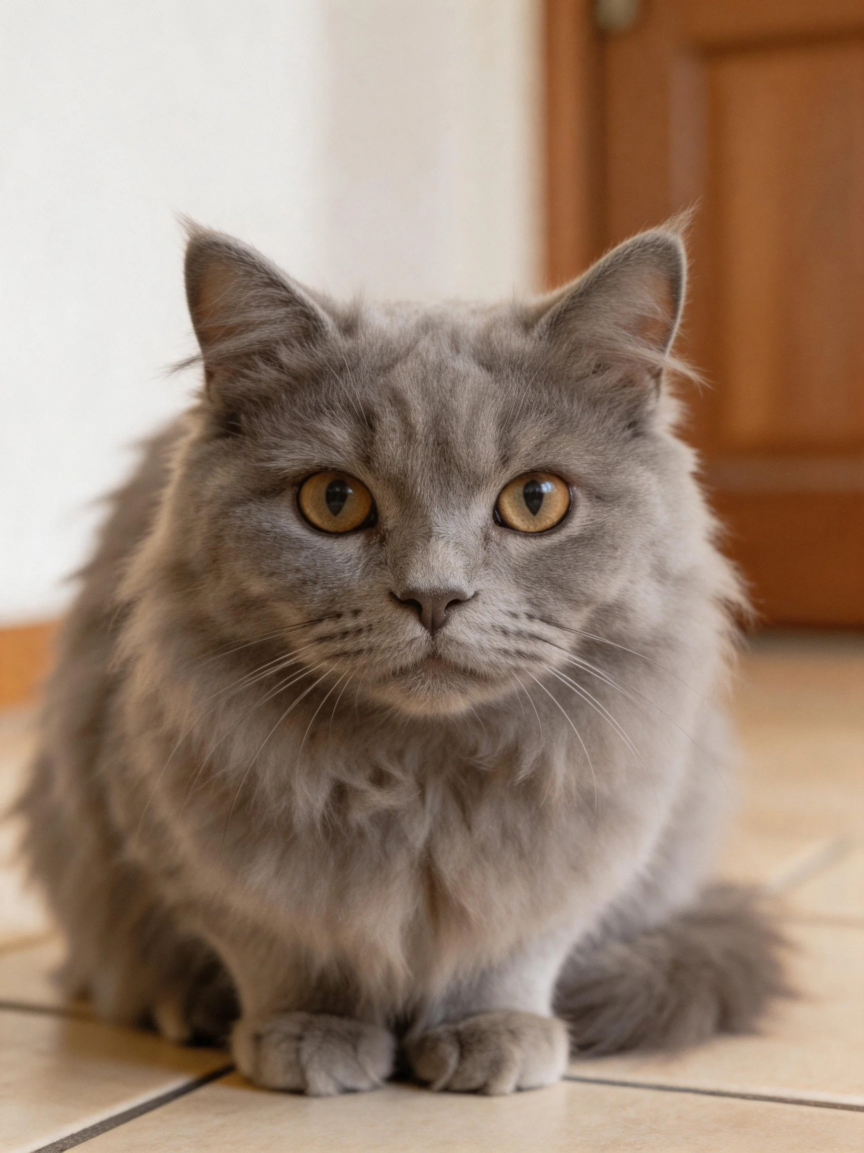 Fluffy gray cat sits on tiled flooring near a wooden door