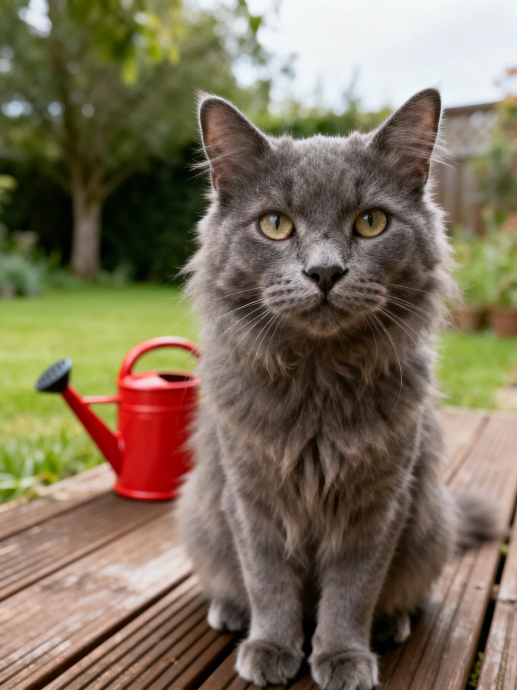 A fluffy gray cat sits on a wooden deck next to a red watering can in a garden setting.
