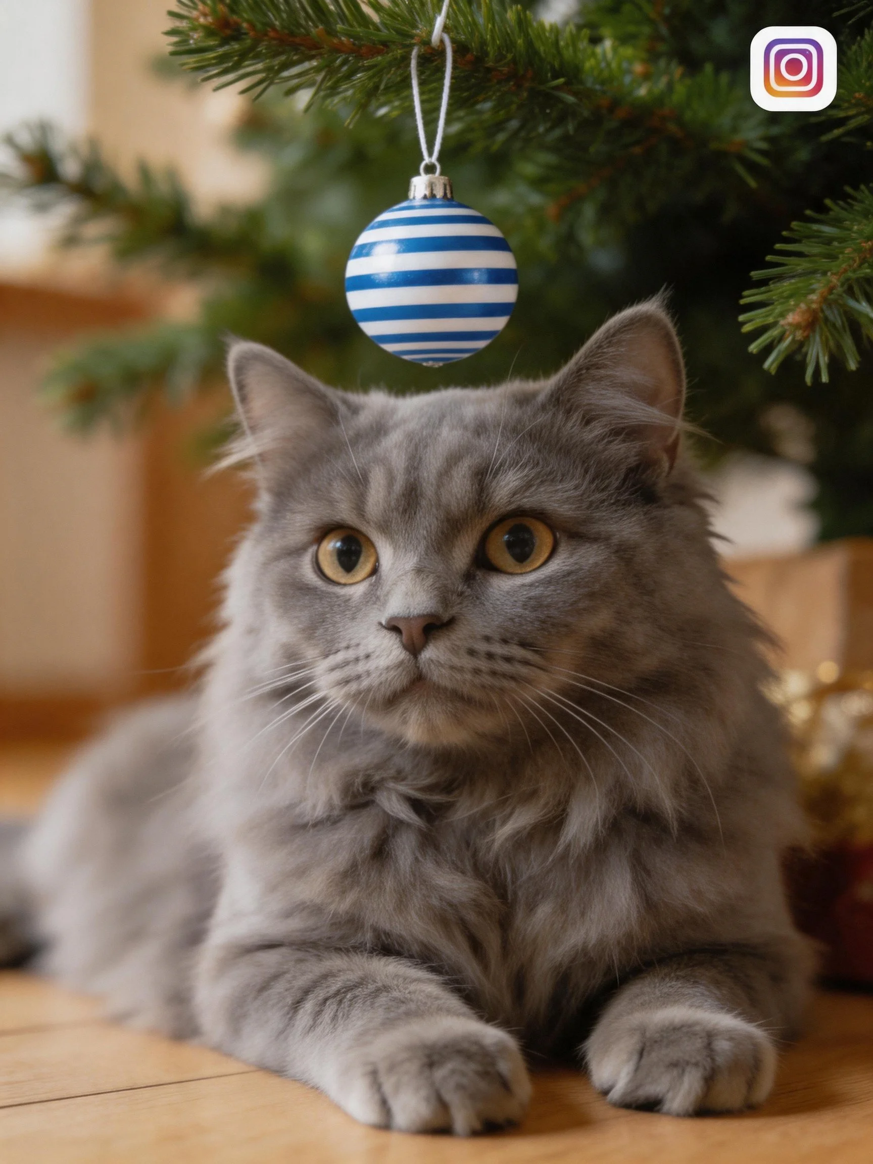 Fluffy gray cat sits under blue ornament near Christmas tree