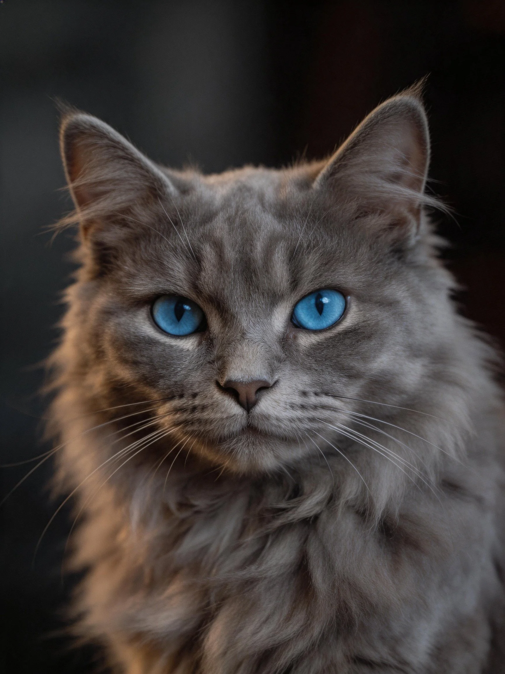 A fluffy gray cat with bright blue eyes is photographed up close.