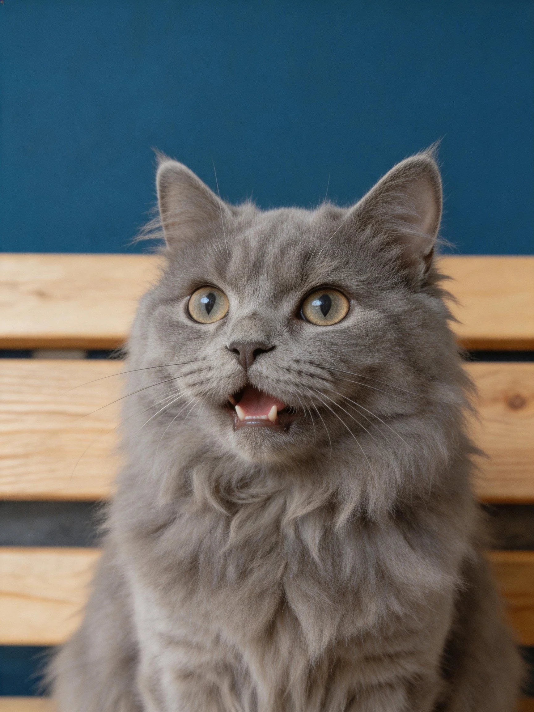 A fluffy gray cat with bright eyes sits near wooden structures and a blue wall.