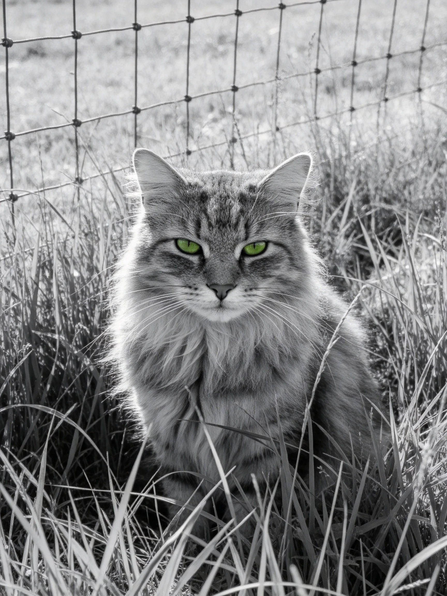 A fluffy gray cat with bright green eyes sits in tall grass near a wire fence.