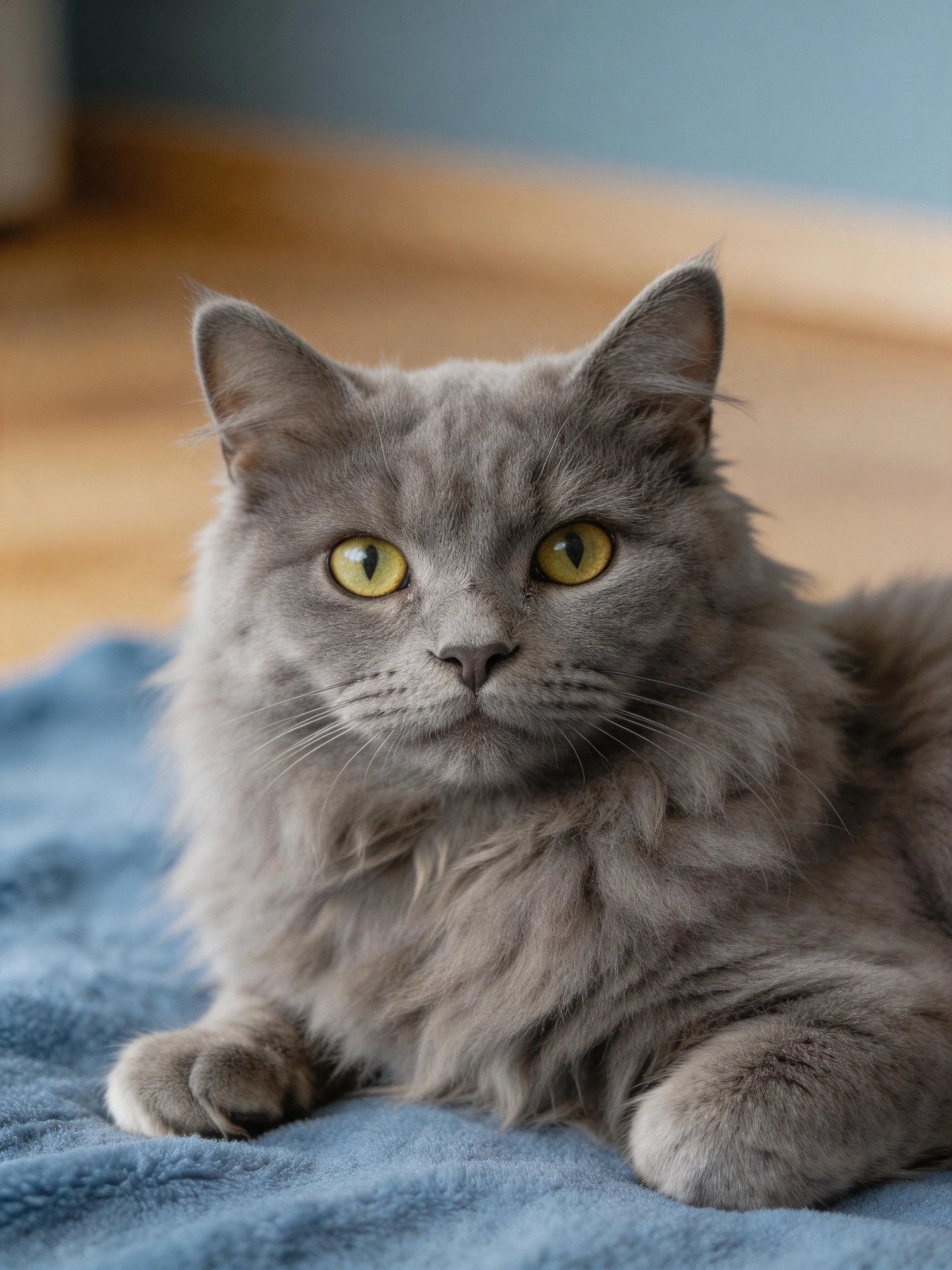 A fluffy gray cat with bright yellow eyes rests on a blue blanket indoors.