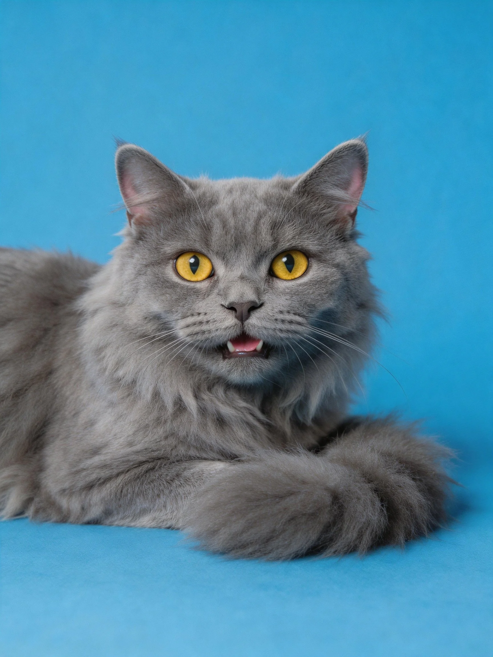 A fluffy gray cat with bright yellow eyes rests against a solid blue backdrop.