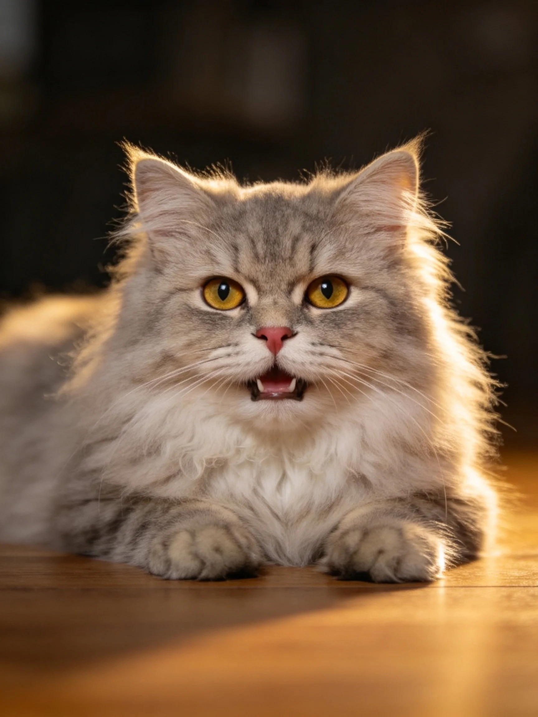 A fluffy gray cat with bright yellow eyes rests on a wooden surface.