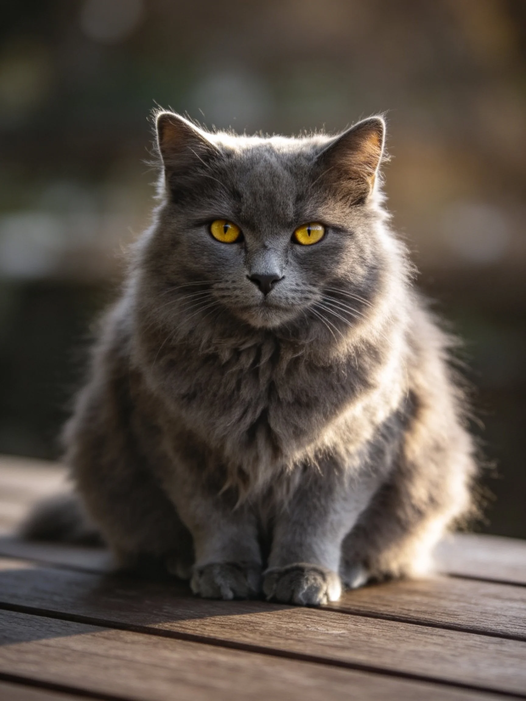 A gray cat with striking yellow eyes sits on a wooden surface.