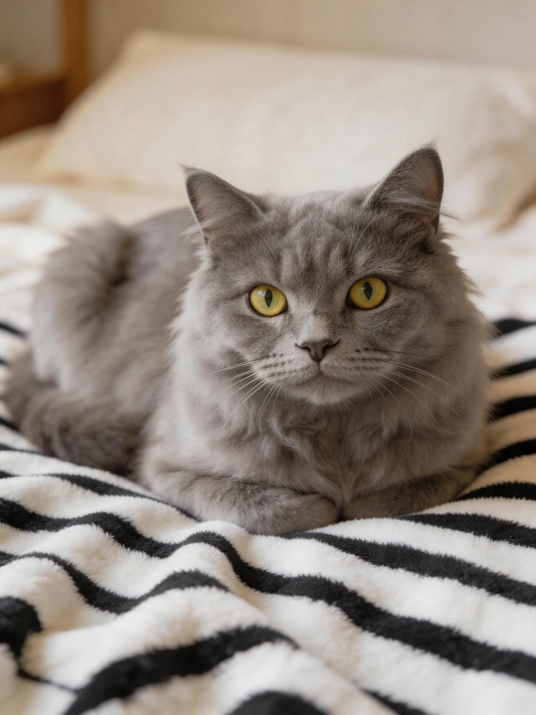 A gray cat with bright yellow eyes relaxes on a black and white striped blanket indoors.
