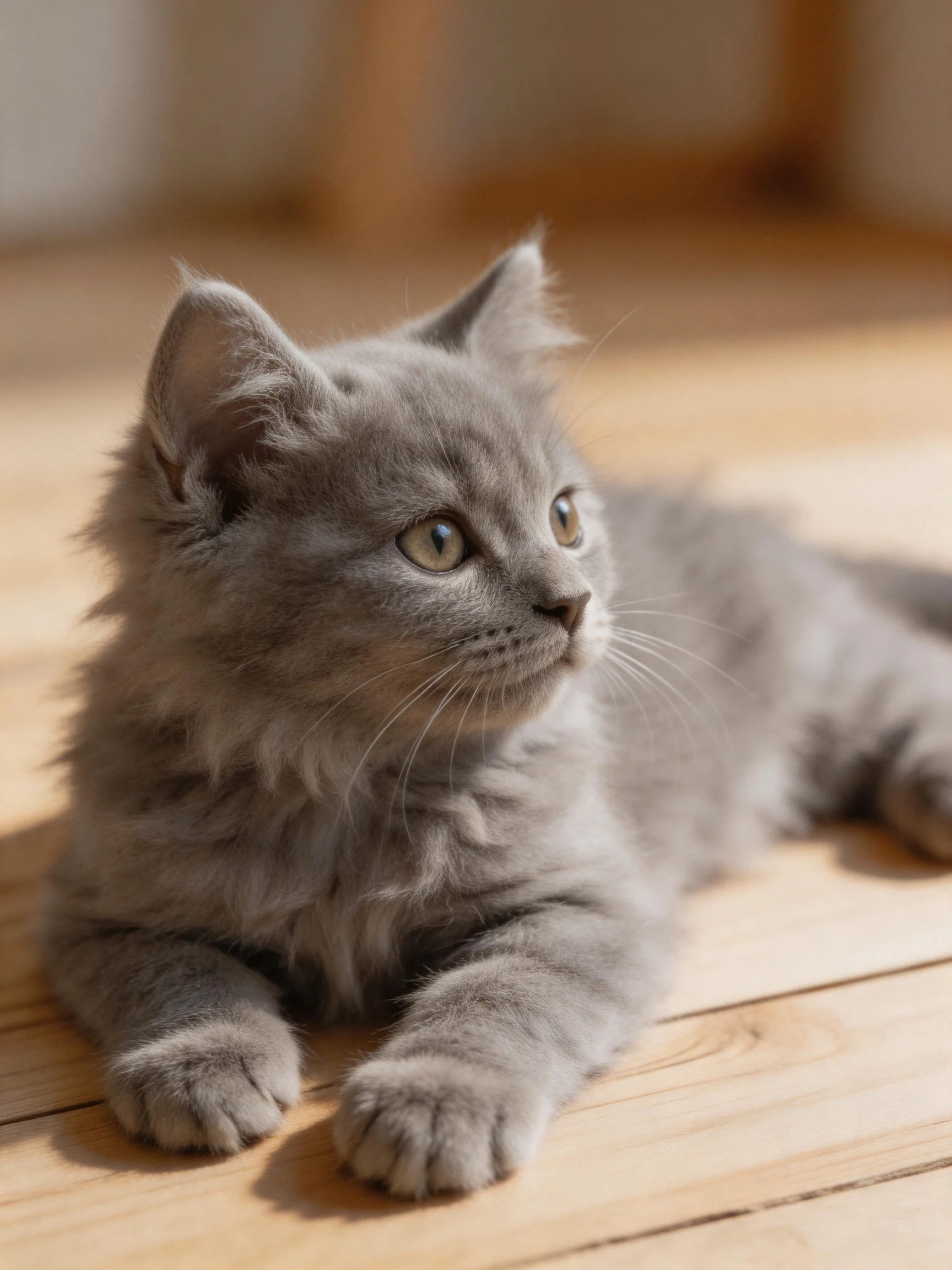 Fluffy gray kitten resting on a light wooden floor