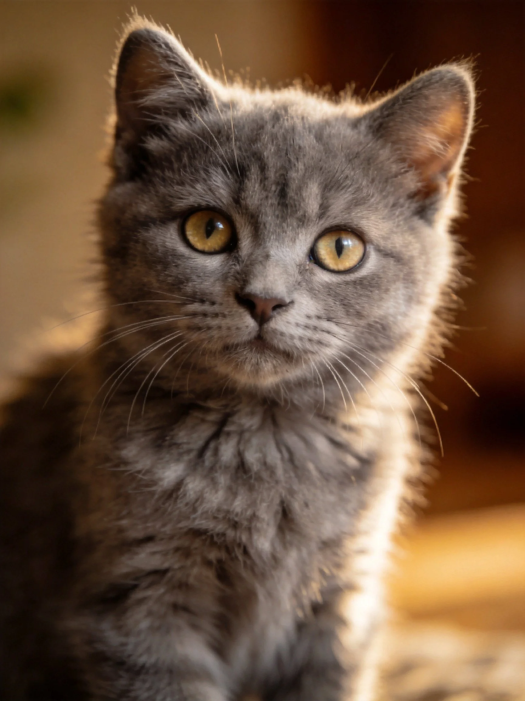 A fluffy gray kitten with bright yellow eyes gazes under warm lighting.