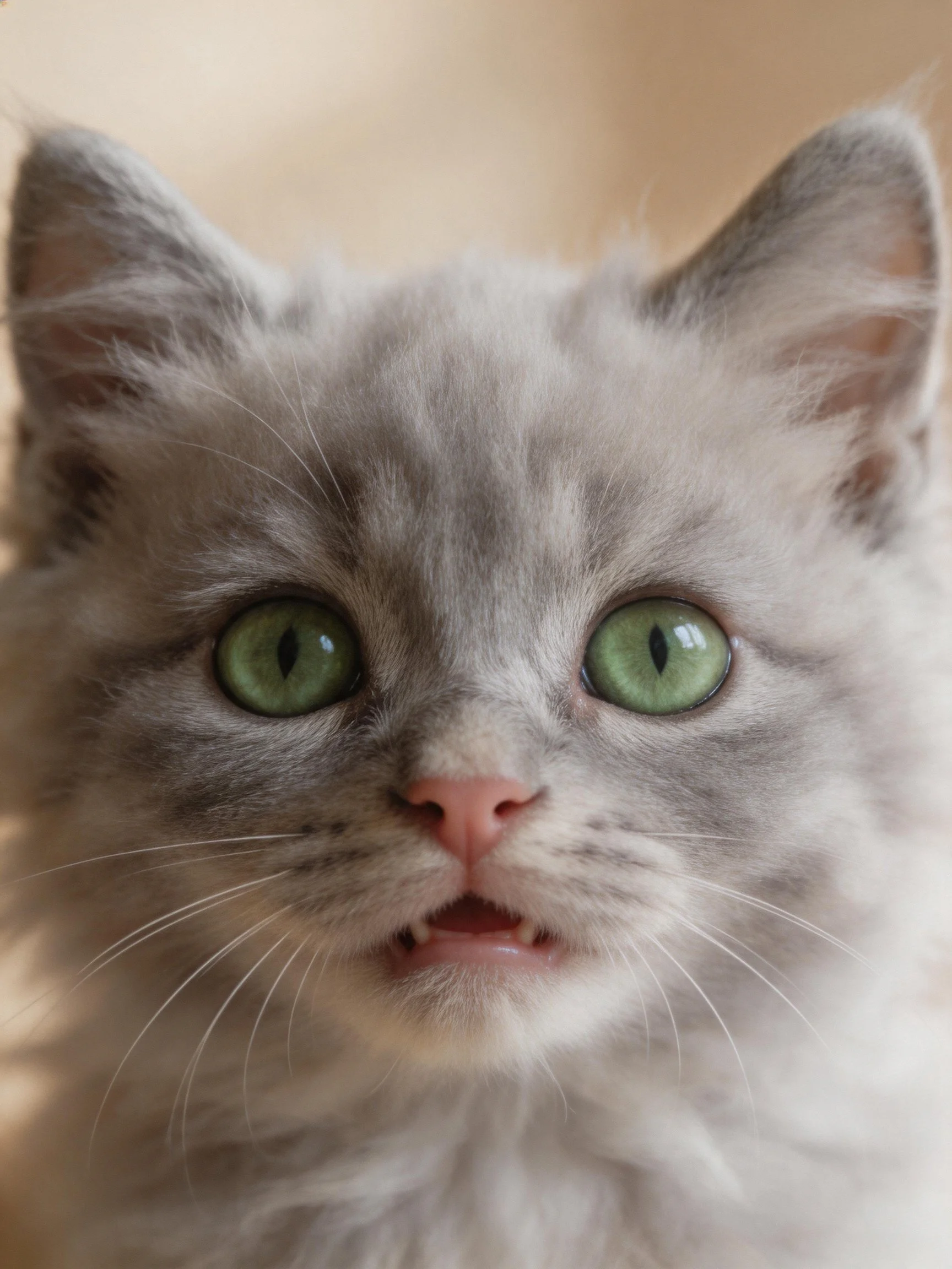 A fluffy gray kitten with large green eyes looks curious.
