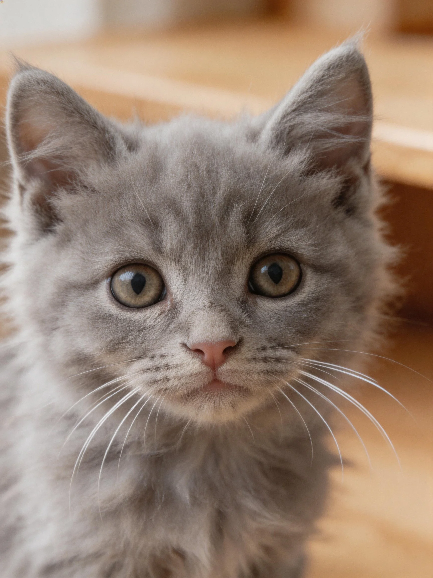 A fluffy gray kitten with large green eyes gazes directly at the camera.