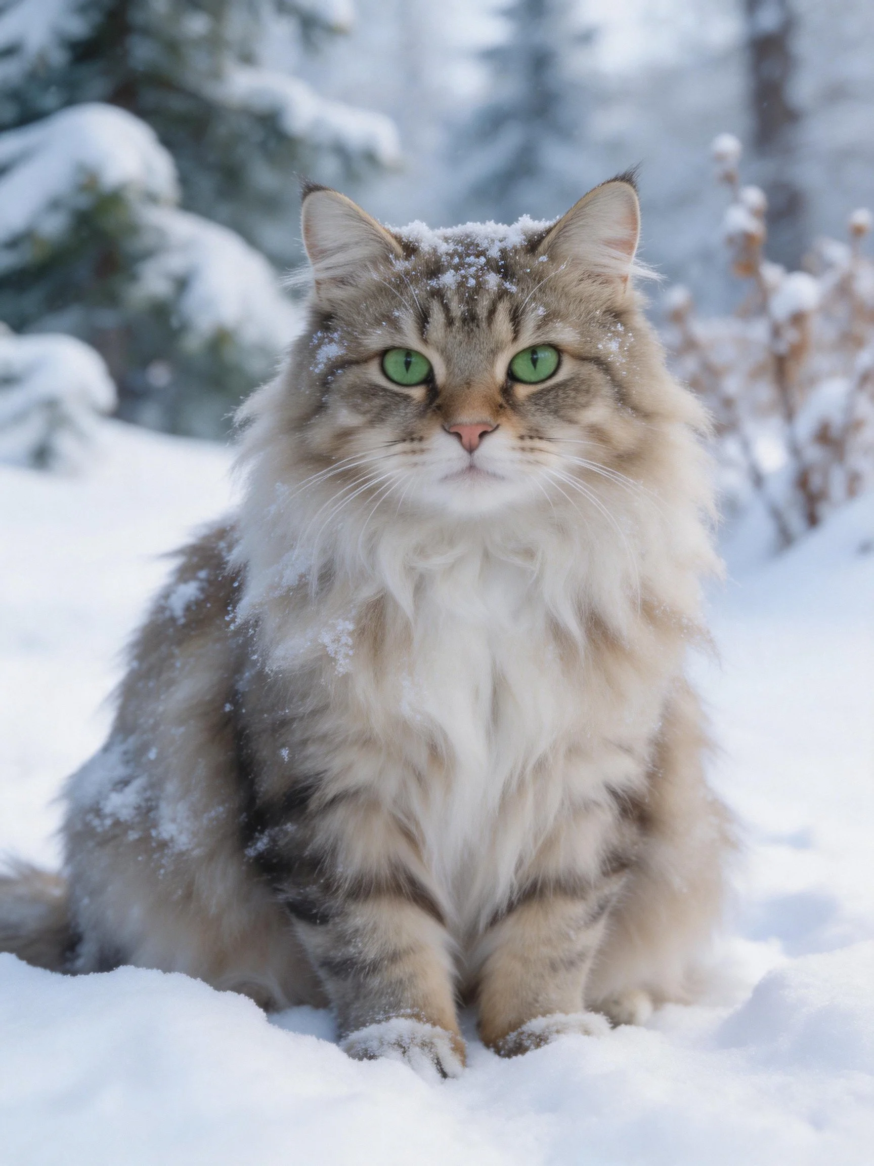 A fluffy gray tabby cat with green eyes rests in a snowy winter landscape.