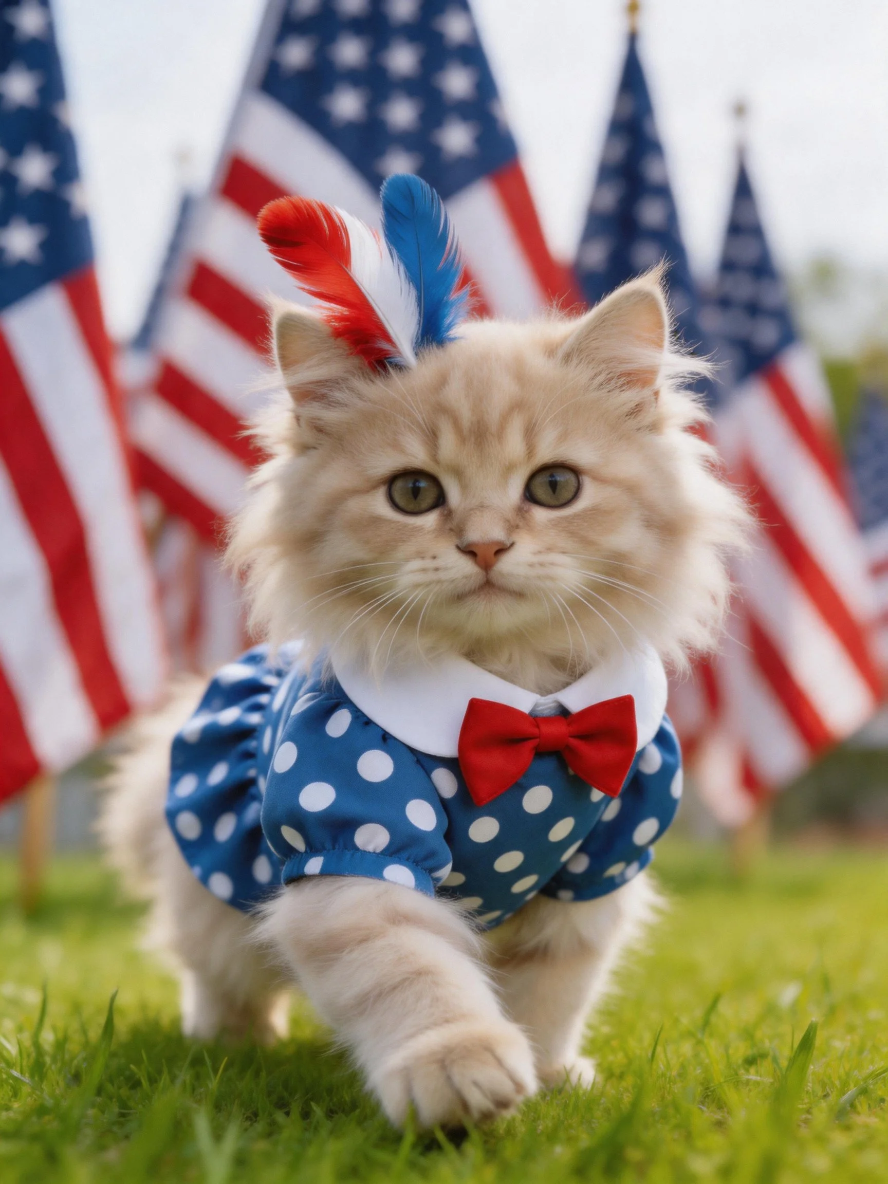 Fluffy kitten in blue polka - dot outfit with red bow and red - white - blue feather headband near US