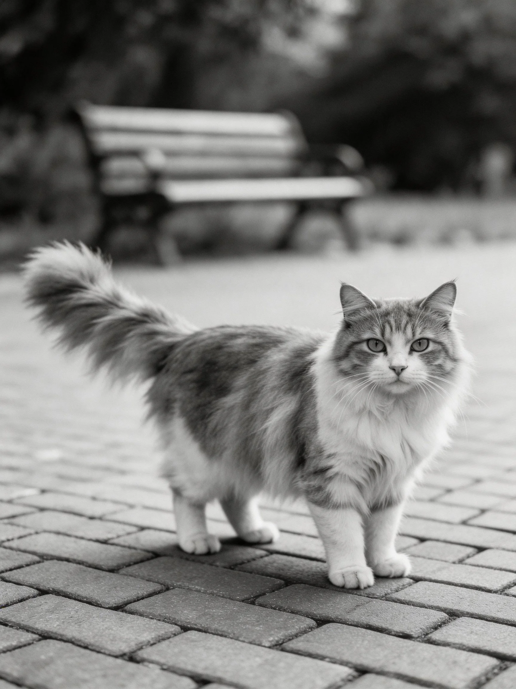 A fluffy cat stands on brick pavement in a park setting.