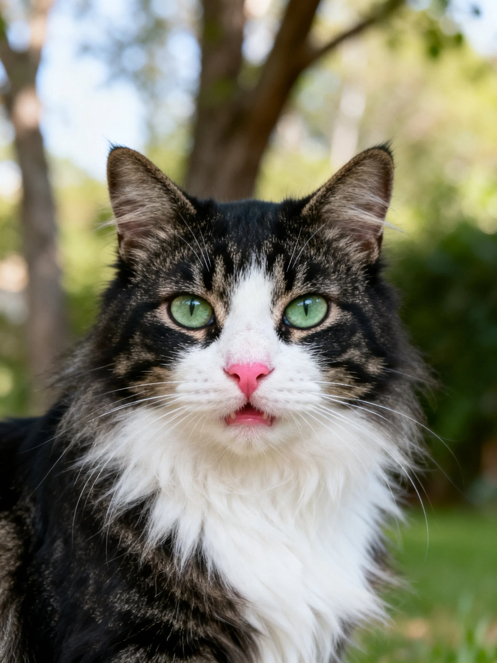 A fluffy multicolored cat with green eyes is outdoors near trees.