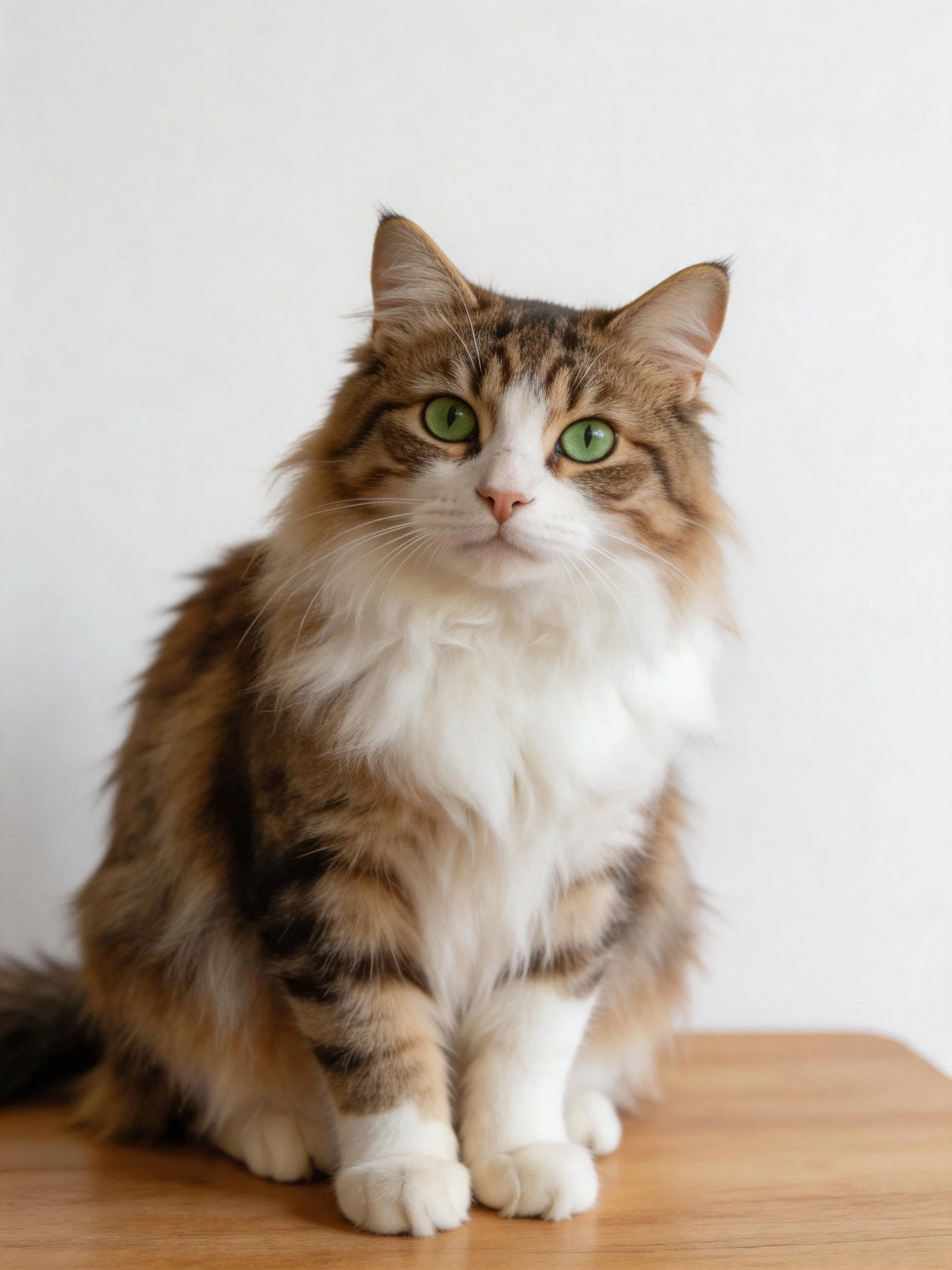 A calm, fluffy multicolored cat with green eyes rests on a wooden surface.