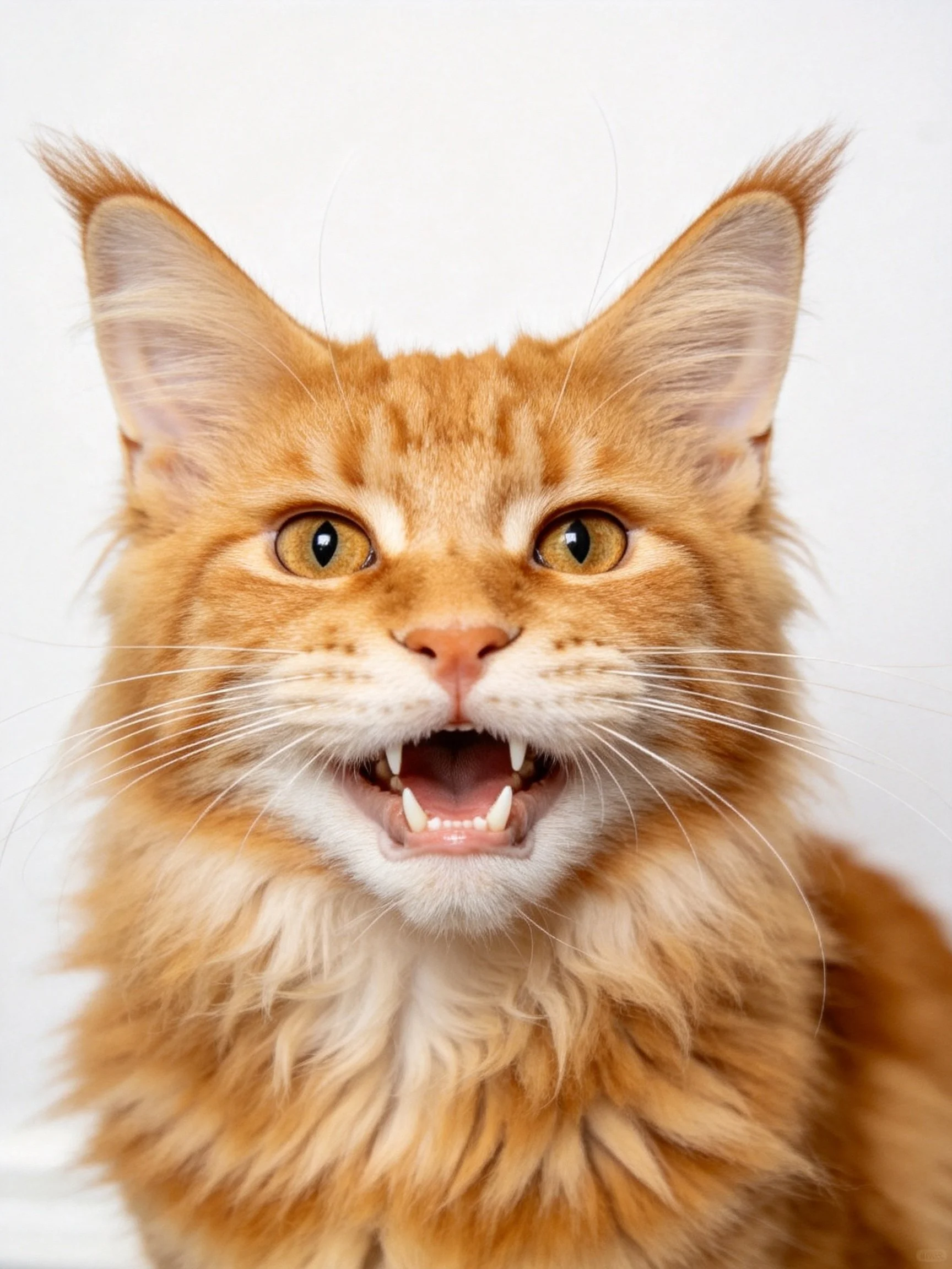 Fluffy orange Maine Coon cat with open mouth and expressive face