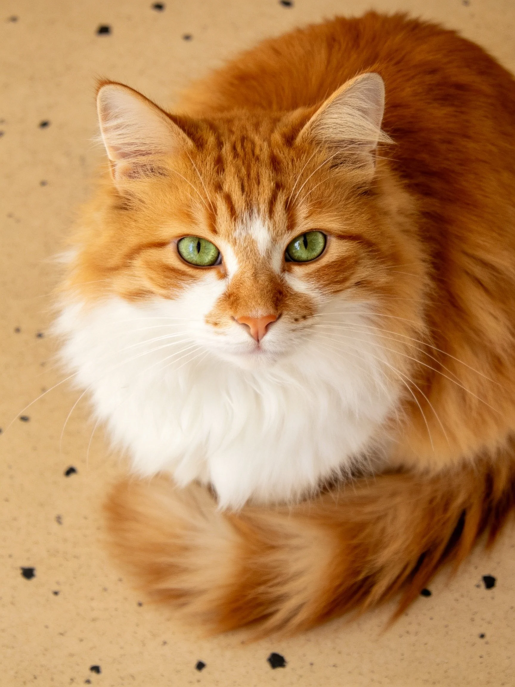 A fluffy orange and white cat with bright green eyes rests on a speckled surface.