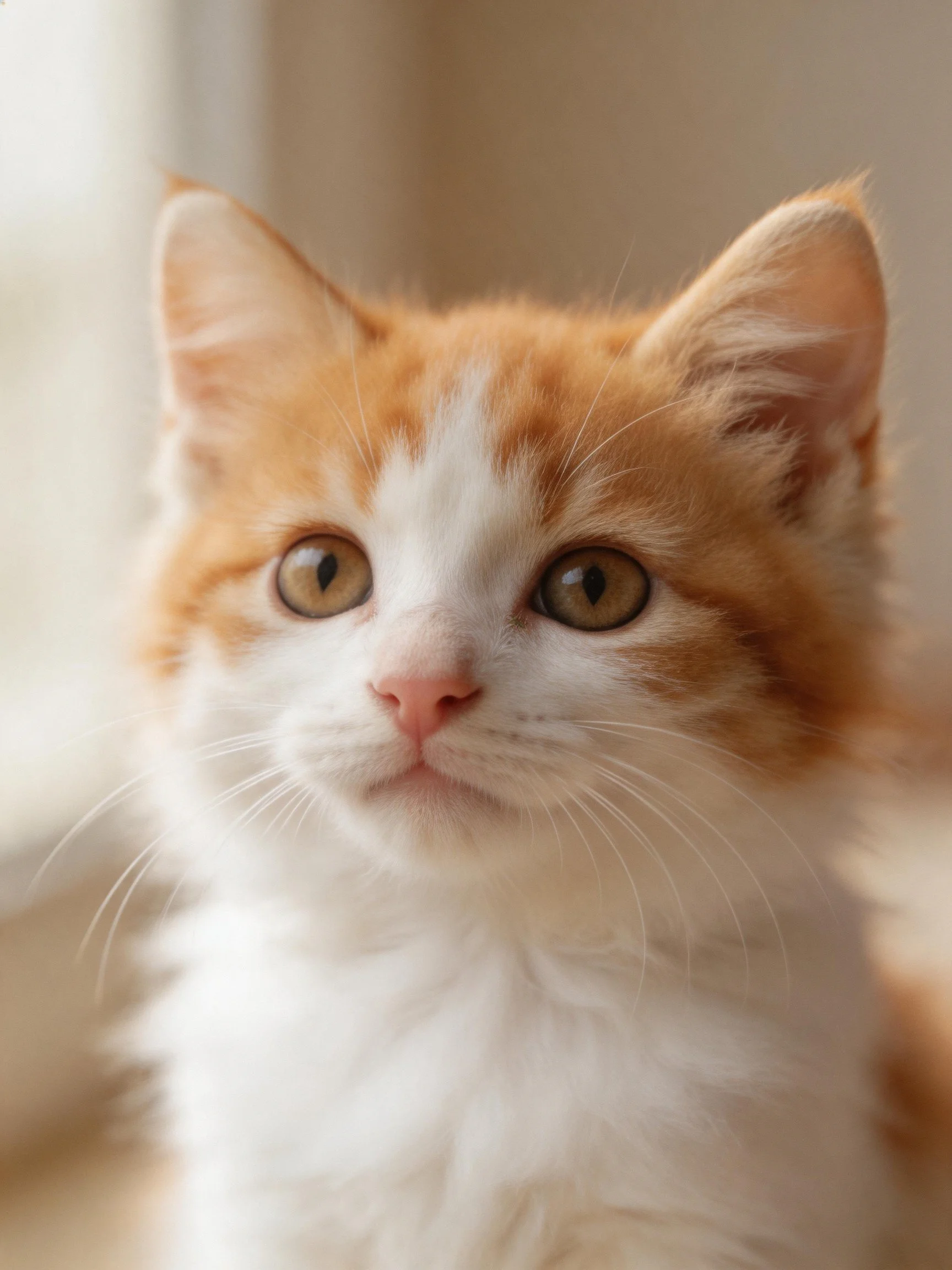 A fluffy orange and white kitten gazes curiously.