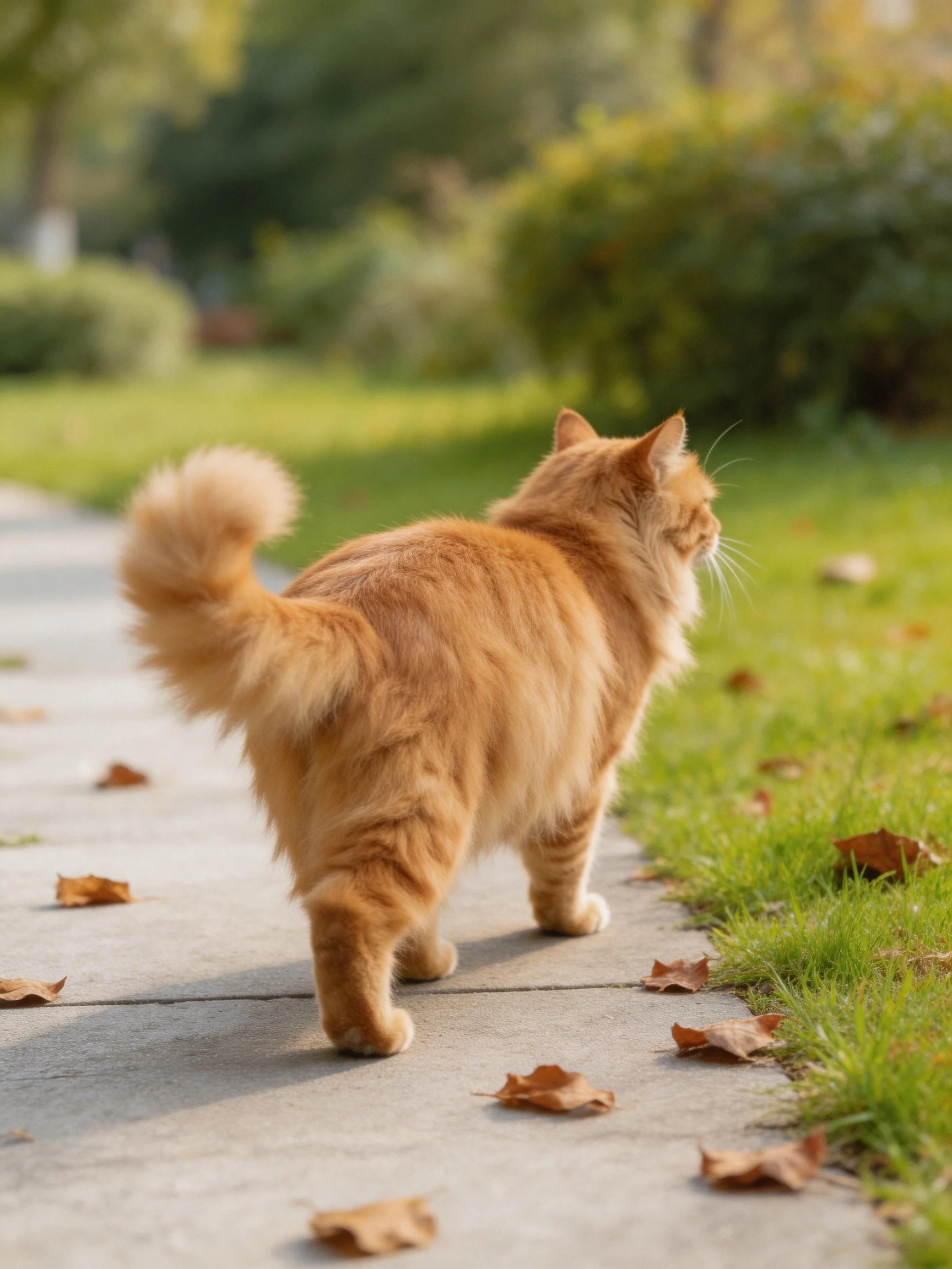 Fluffy orange cat explores leafy sidewalk in sunlit park