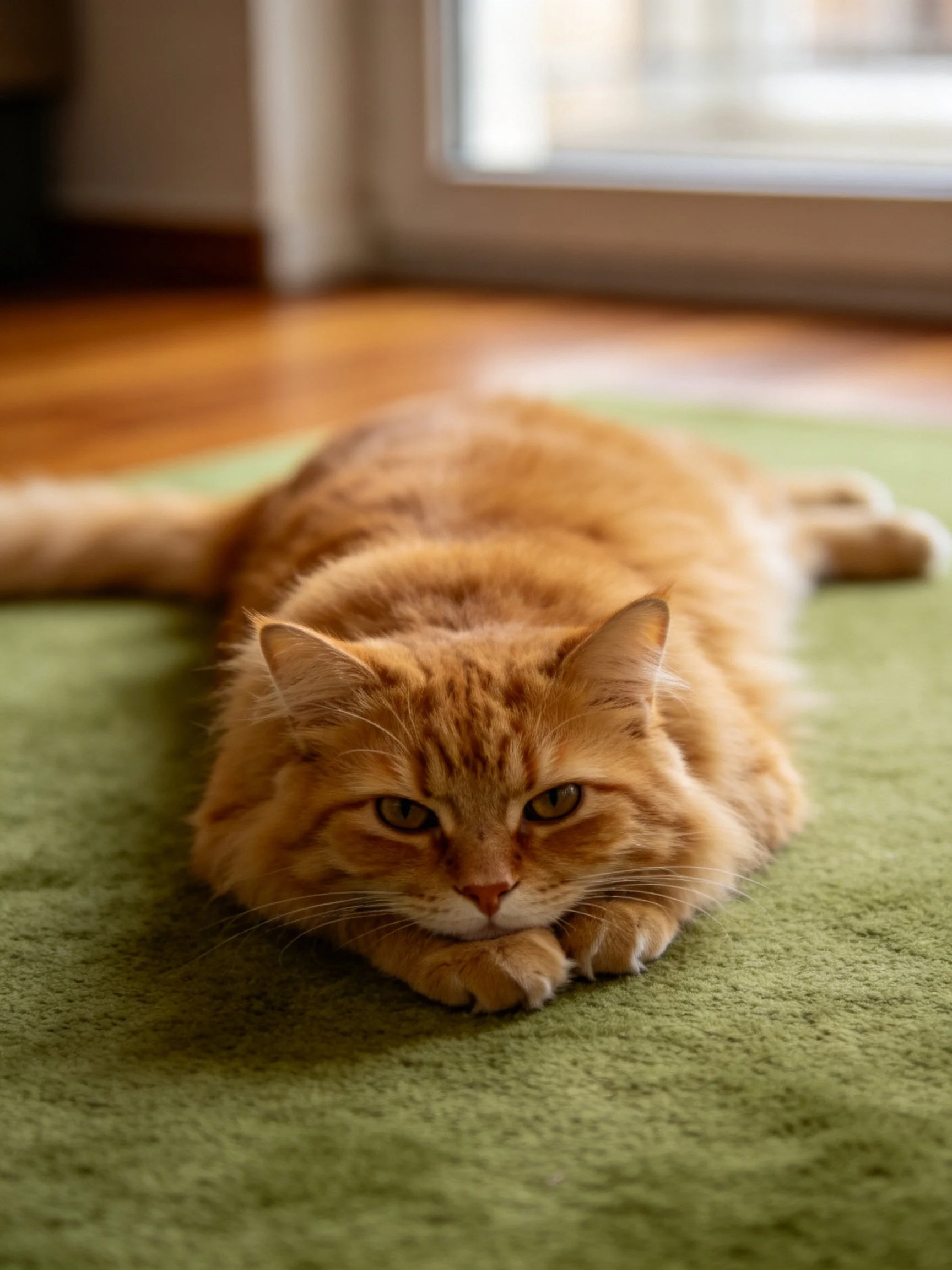 Fluffy orange cat lounging on a green rug by a window