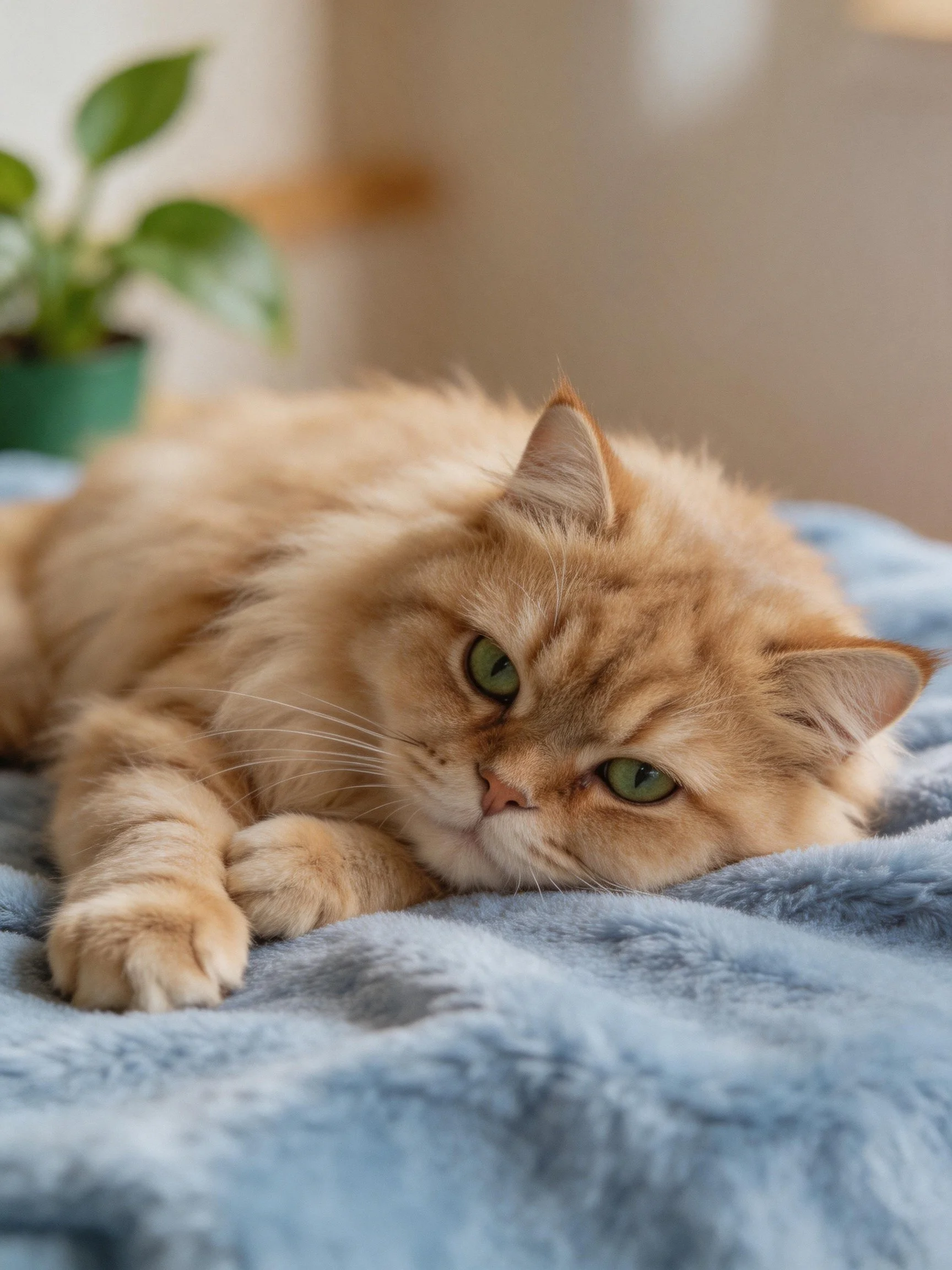 Fluffy orange cat lounging on soft blue blanket with green potted plant