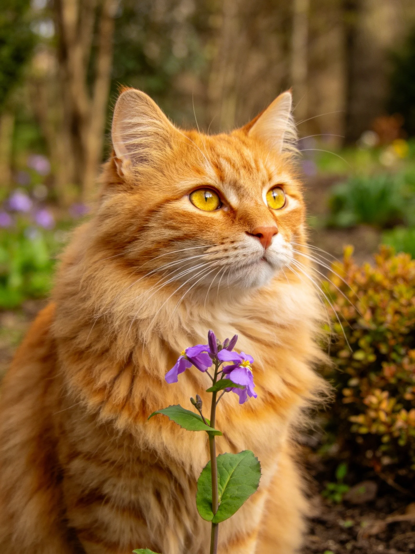 A fluffy orange cat sits beside purple flowers in a sunlit garden.