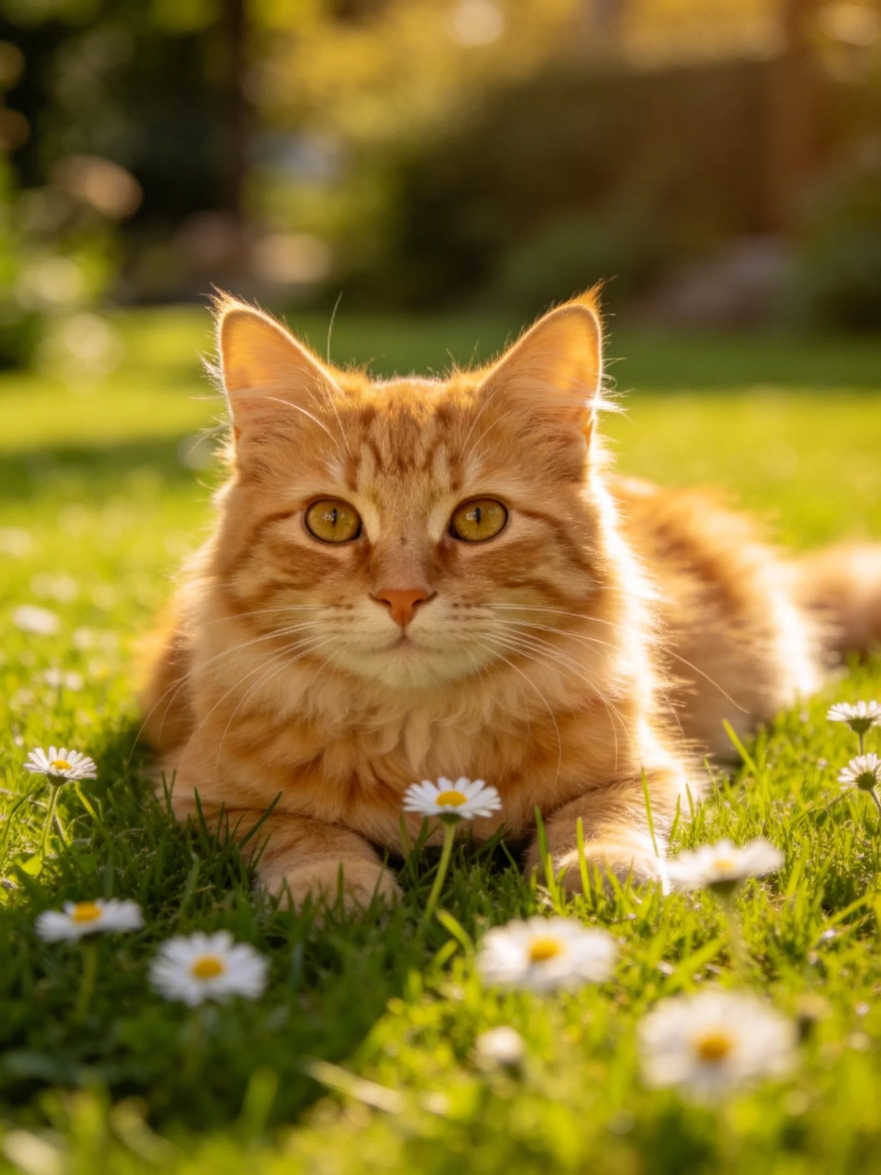 An orange cat relaxes on grass surrounded by daisies in bright sunlight.