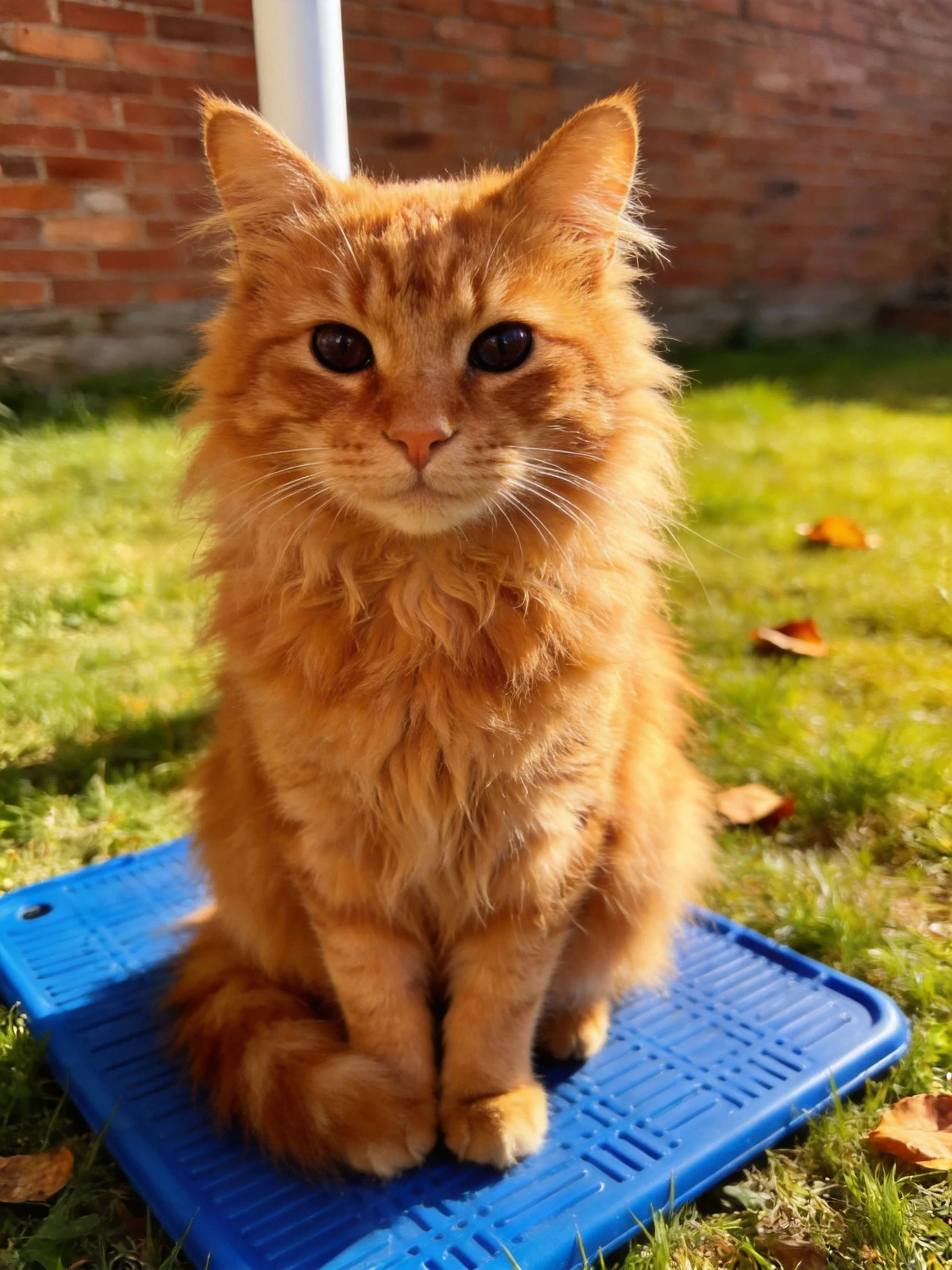An orange cat sits calmly on a blue mat in a sunny outdoor area.