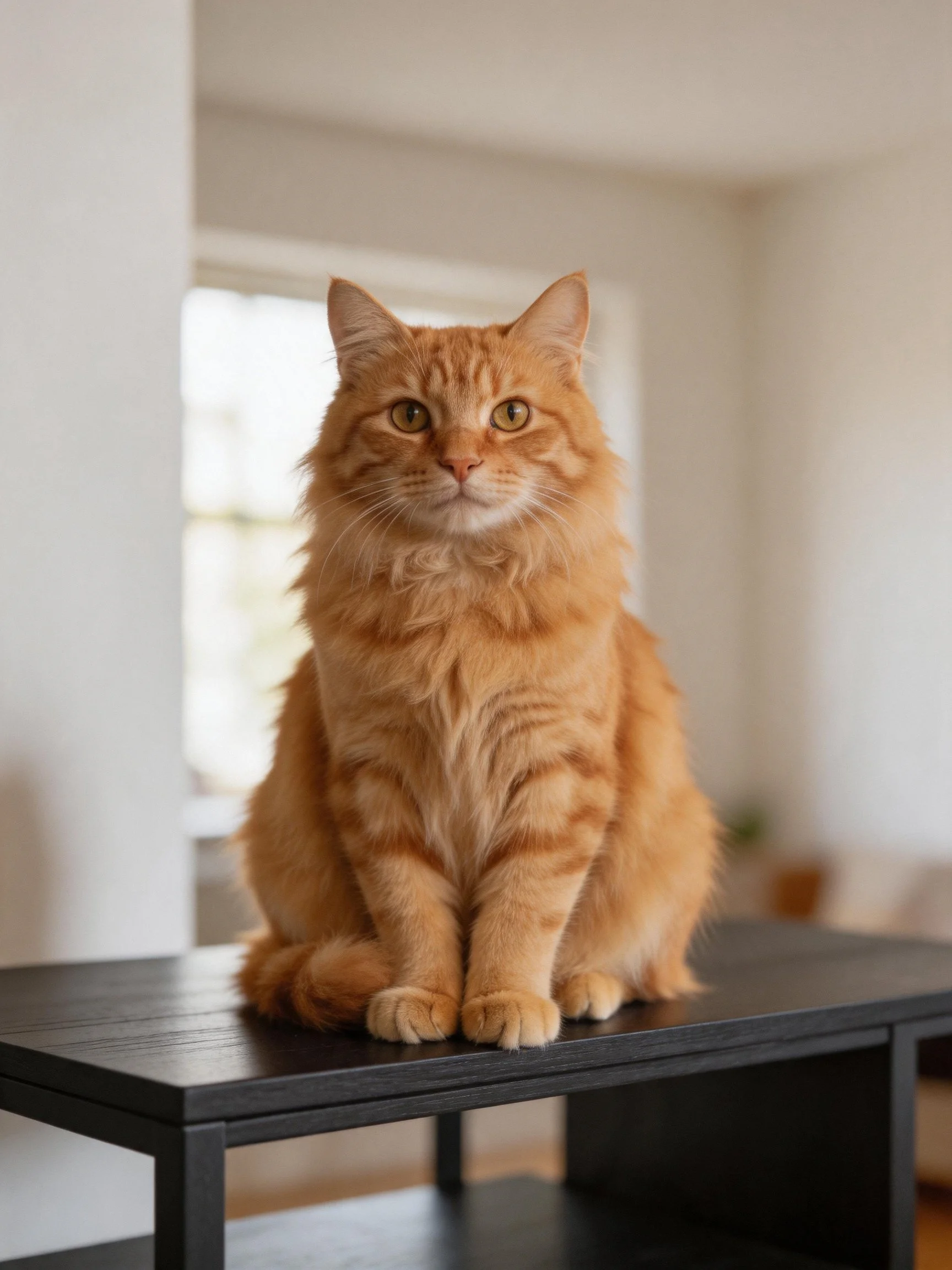 Orange cat sits calmly on dark table in a bright room.