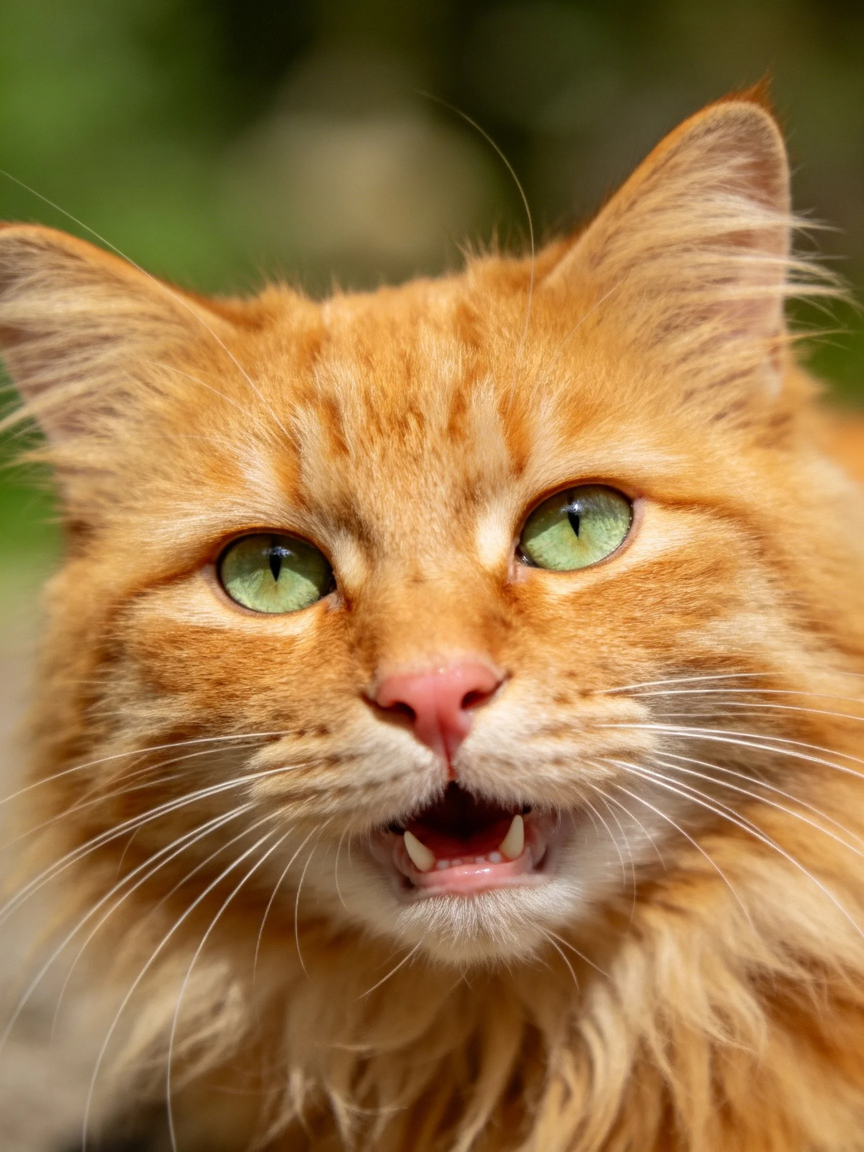 A fluffy orange cat with bright green eyes is photographed closely.