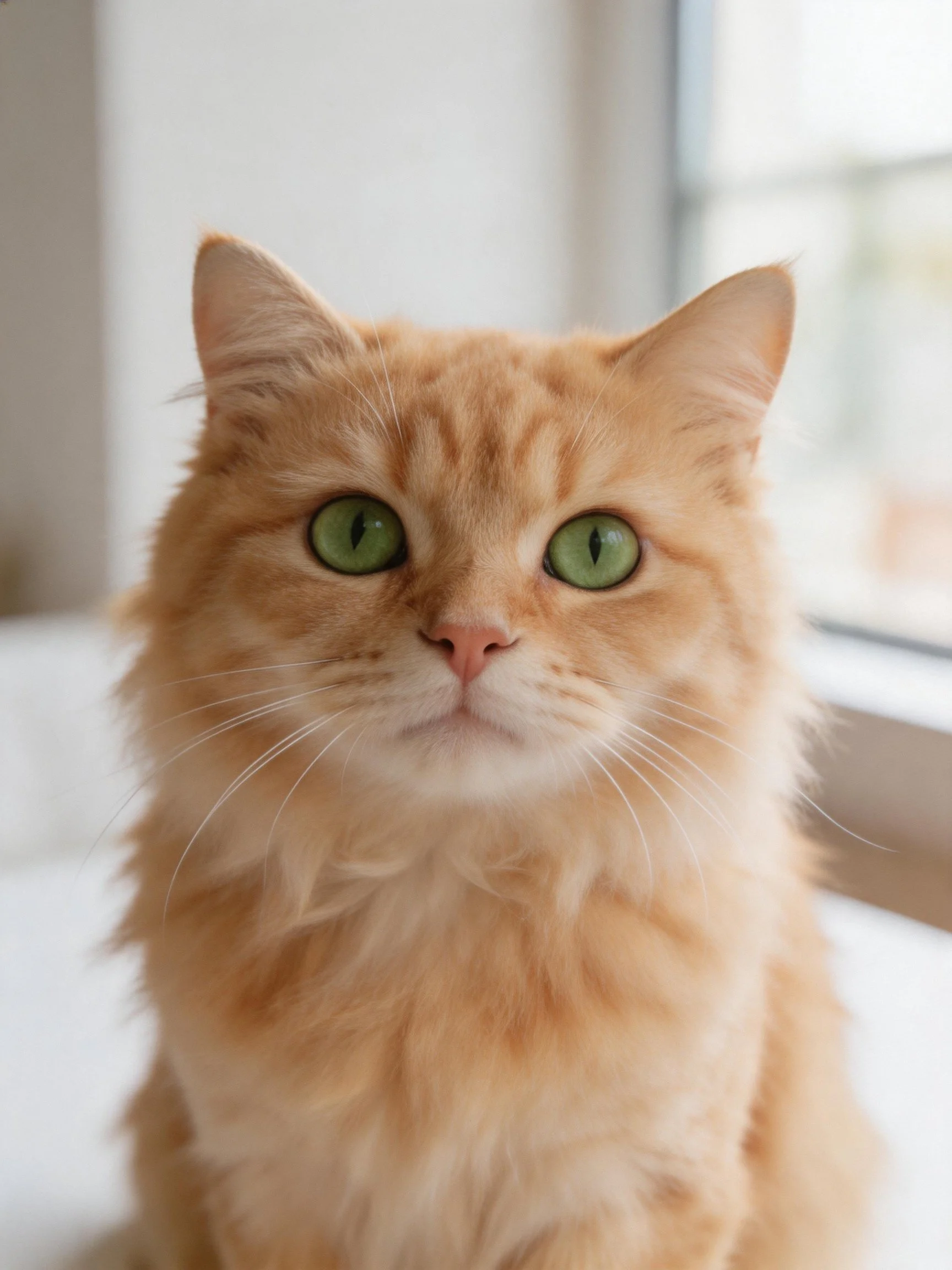 A fluffy orange cat with bright green eyes sits near a window.
