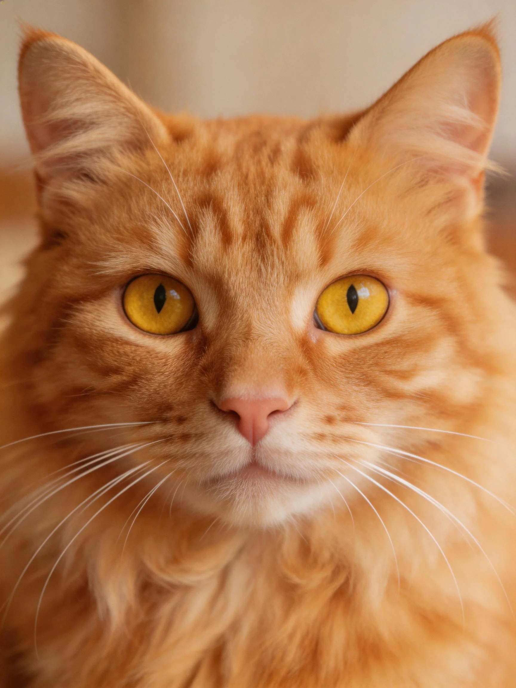Close - up of a fluffy orange cat with bright yellow eyes