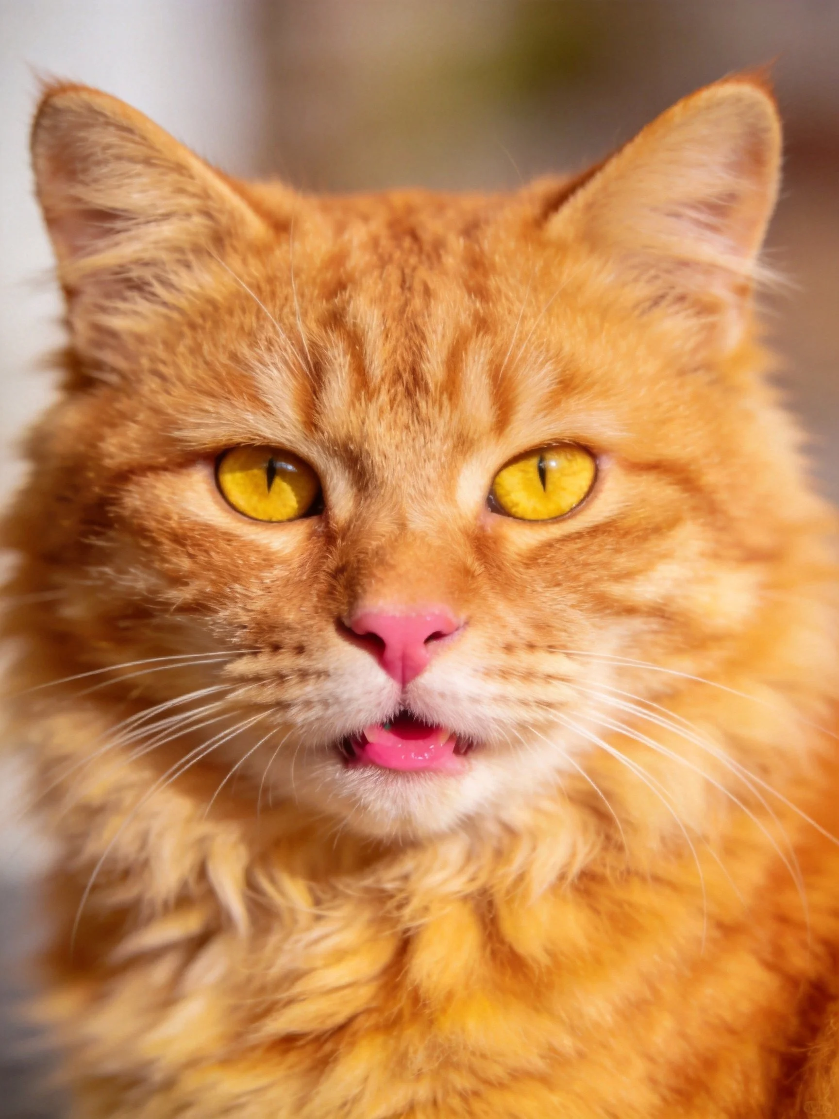 Close - up of a fluffy orange cat with striking yellow eyes.