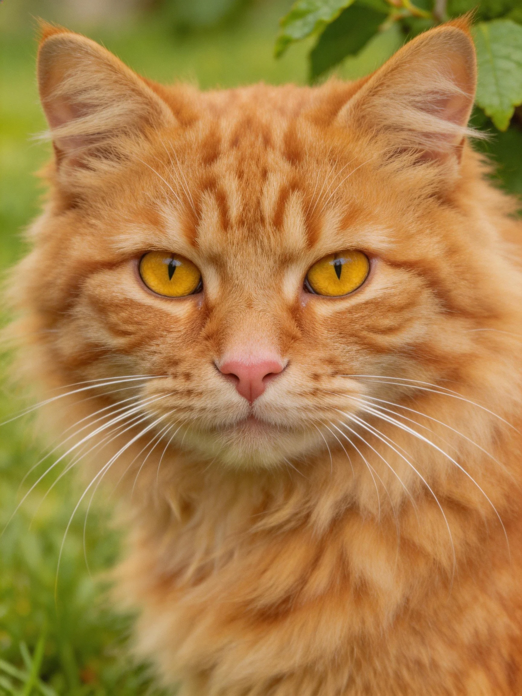 A fluffy orange cat with bright yellow eyes is near greenery.