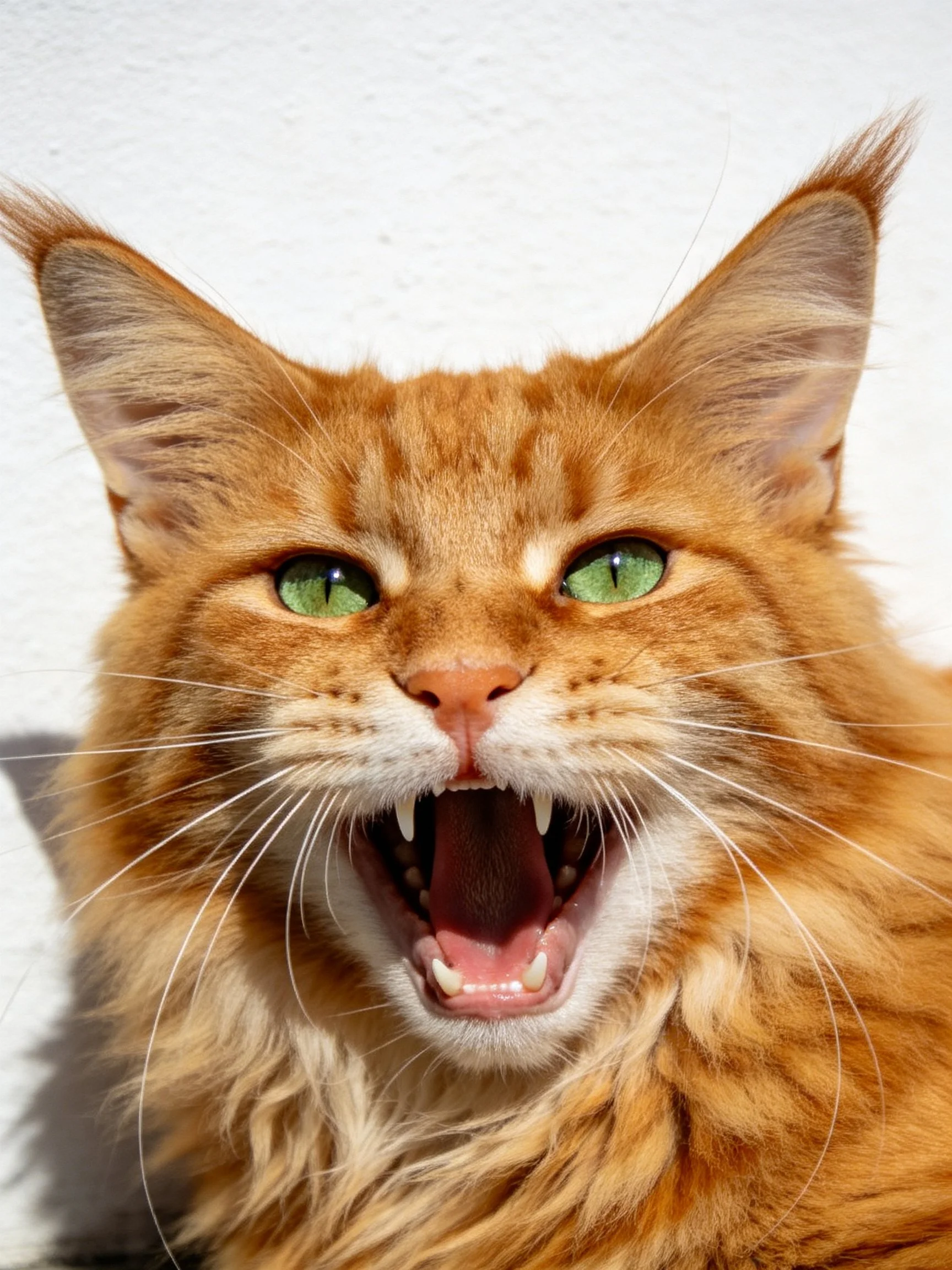 Orange cat with green eyes yawns widely against plain white backdrop.